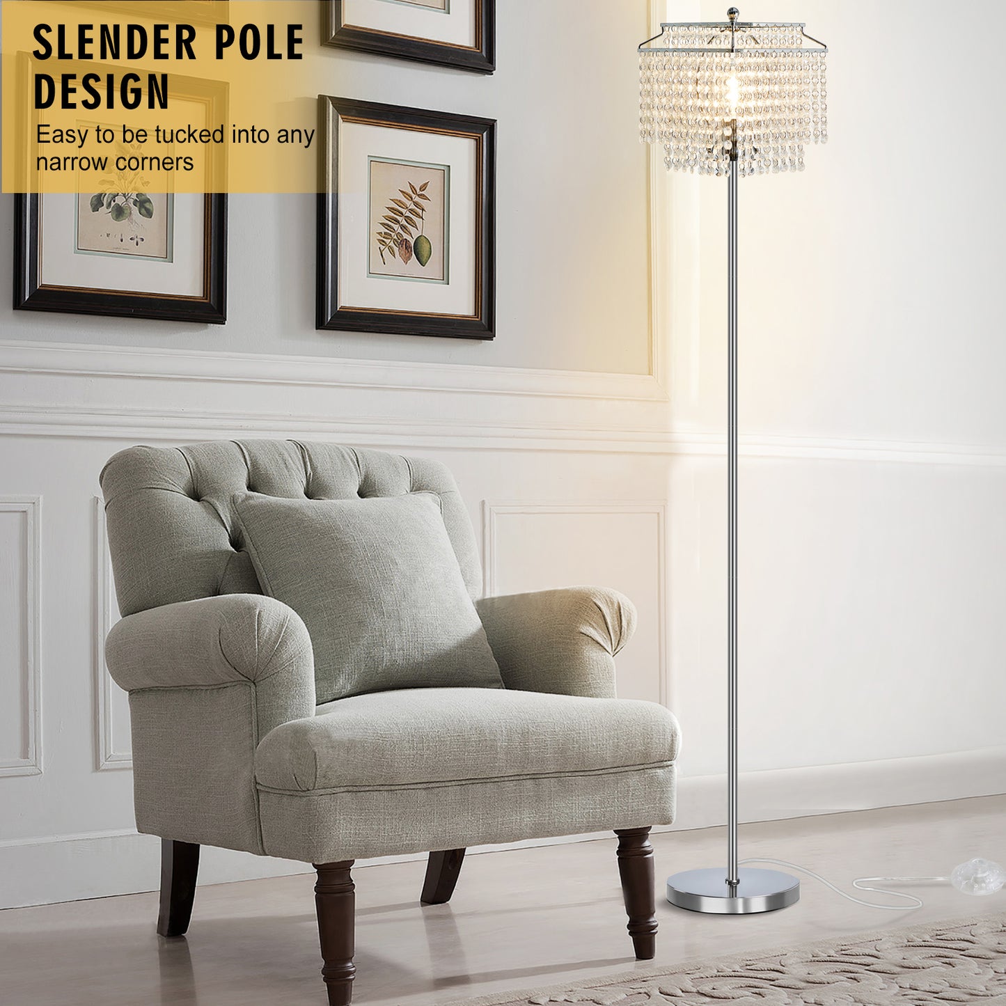 NATYSWAN Crystal Floor Lamp Gold, Modern Standing Lamps with Double-Layer Lampshade, on-off Foot Switch, Gold Finish Tall Pole Lamp for Living Room, Bedroom, Office, 8W Bulb Included