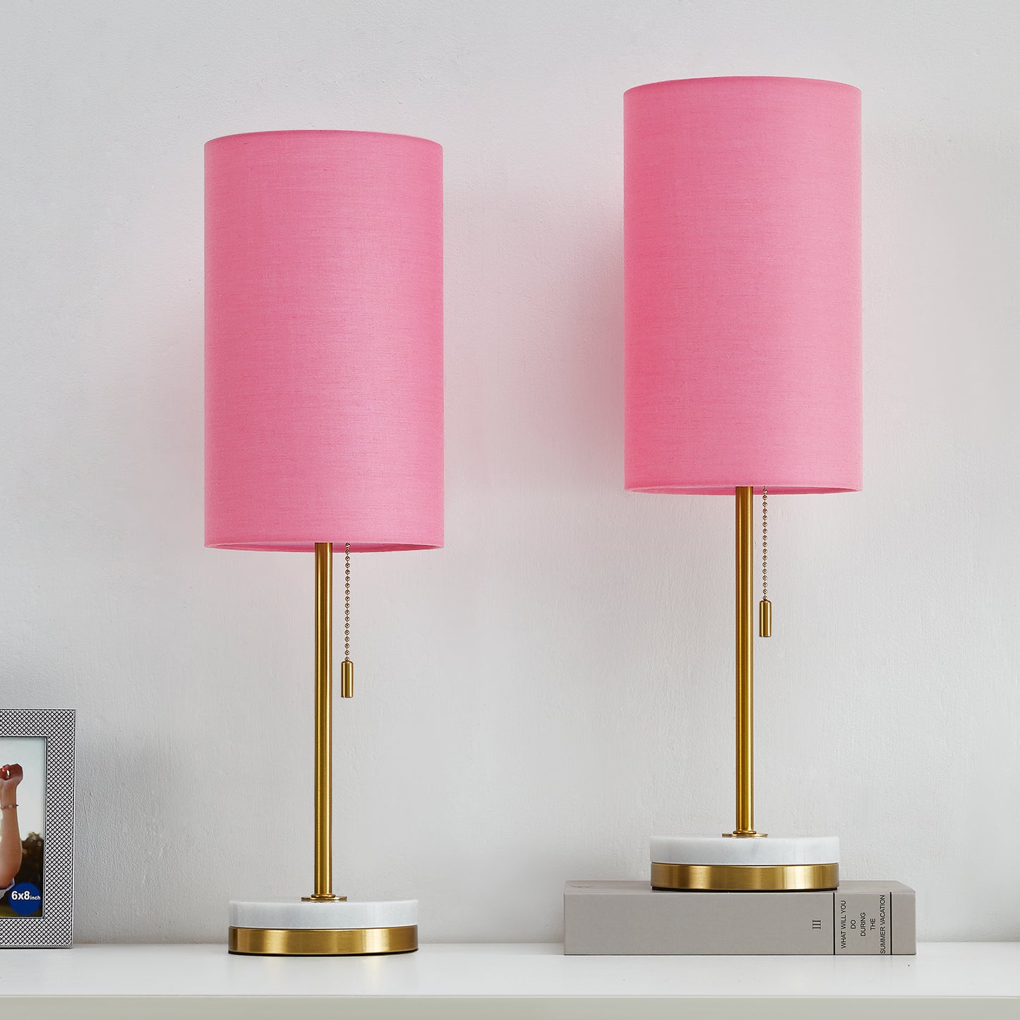 NATYSWAN Minimalist Table Lamp Set of 2, Nightstand Lamp for Bedroom Living Room, Modern Pull Chain Bedside Lamp with Marble Base, Fabric Shade, Small Desk Lamp for Home, Office, Reading