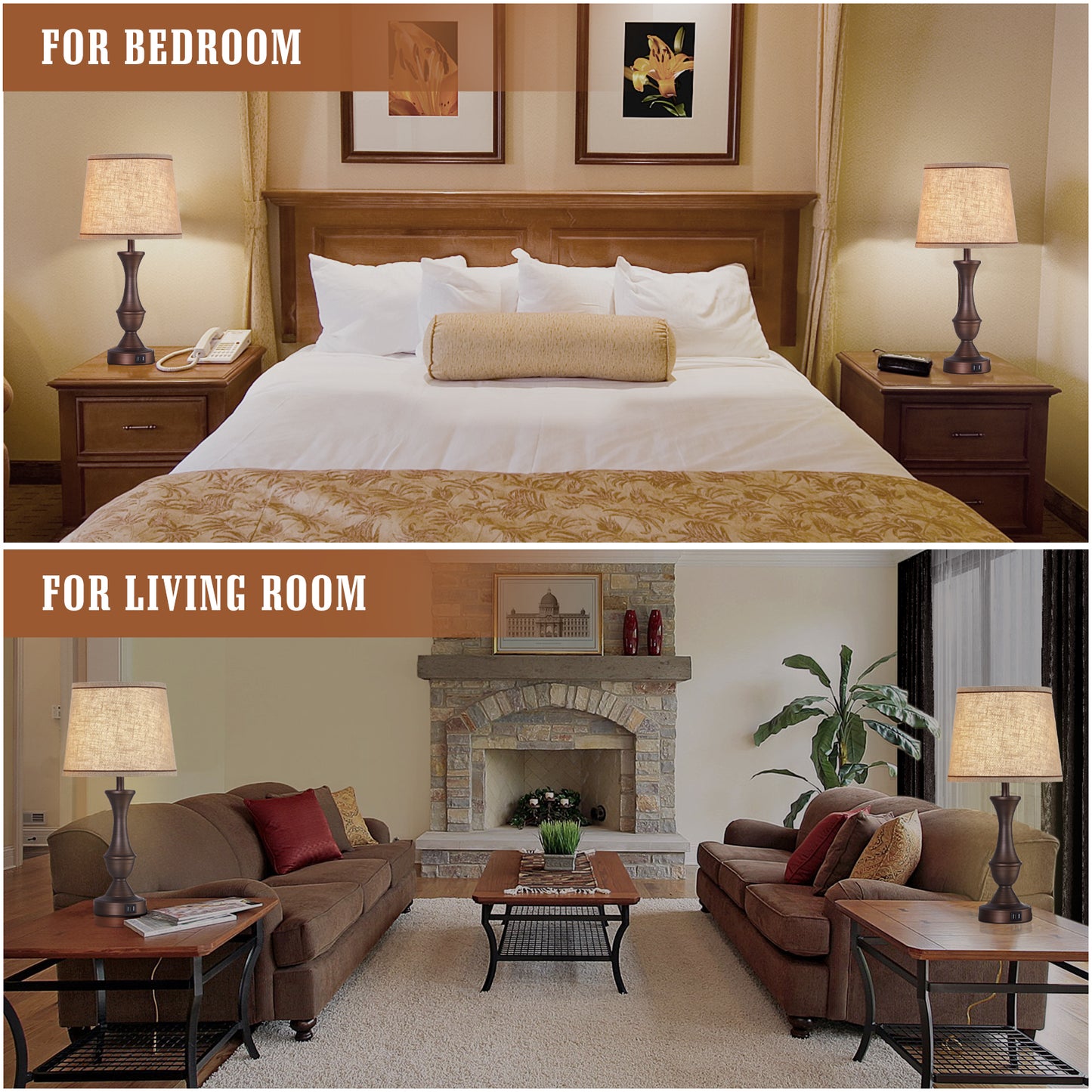 Natyswan Touch Lamps for Bedrooms Set of 2, Bedside Lamp with Dual USB Charging Ports, 3 Way Dimmable Nightstand Lamps with Premium Linen Fabric Lampshade for Bedroom, Living Room (Bulb Included)