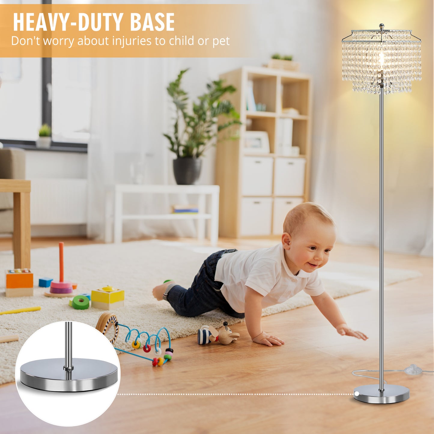 NATYSWAN Crystal Floor Lamp Gold, Modern Standing Lamps with Double-Layer Lampshade, on-off Foot Switch, Gold Finish Tall Pole Lamp for Living Room, Bedroom, Office, 8W Bulb Included