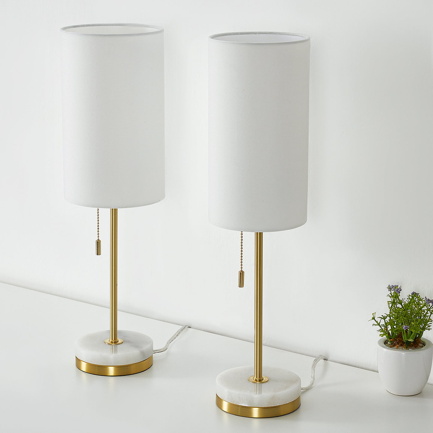 NATYSWAN Minimalist Table Lamp Set of 2, Nightstand Lamp for Bedroom Living Room, Modern Pull Chain Bedside Lamp with Marble Base, Fabric Shade, Small Desk Lamp for Home, Office, Reading