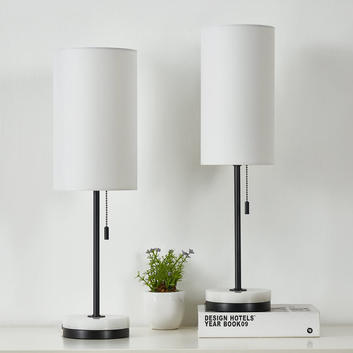 NATYSWAN Minimalist Table Lamp Set of 2, Nightstand Lamp for Bedroom Living Room, Modern Pull Chain Bedside Lamp with Marble Base, Fabric Shade, Small Desk Lamp for Home, Office, Reading