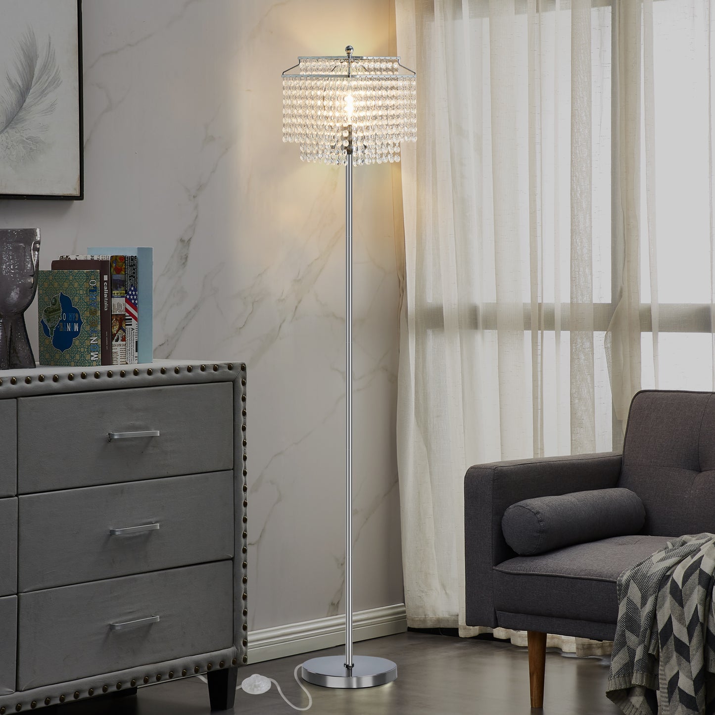 NATYSWAN Crystal Floor Lamp Gold, Modern Standing Lamps with Double-Layer Lampshade, on-off Foot Switch, Gold Finish Tall Pole Lamp for Living Room, Bedroom, Office, 8W Bulb Included