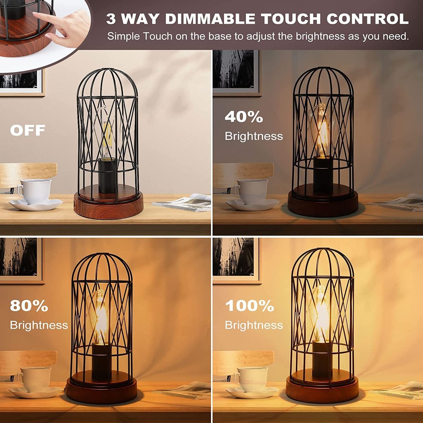 Natyswan Industrial Table Lamp Set of 2, Small Touch Control Edison Desk Lamp 3 Way Dimmable Vintage Bedside Lamp Metal Cage Steampunk for Living Room,Bedroom or Den