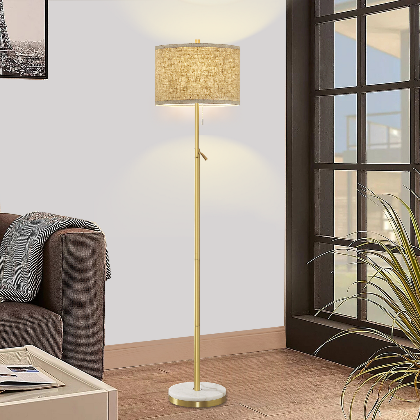 NATYSWAN Modern Floor Lamp for Living Room, Adjustable Height Standing Lamp with Marble Base Tall Lamp with Pull Chain Switch Floor Lamps for Living Room, Bedroom & Office Bulbs Not Included