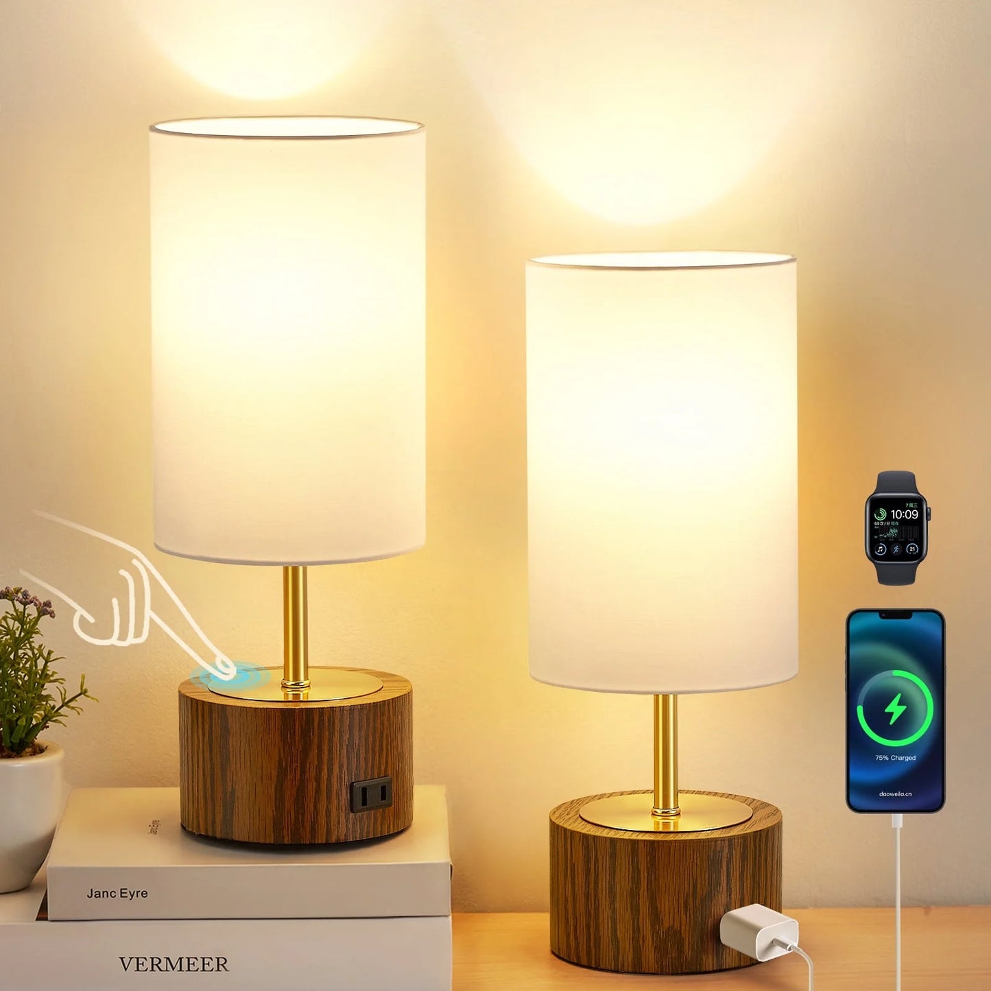 NATYSWAN Small Table Lamp for Bedroom,Touch Lamps set of 2 with USB Ports and Fabric Shade, Minimalist Desk Lamp for Living Room Office Dorm Kids Room