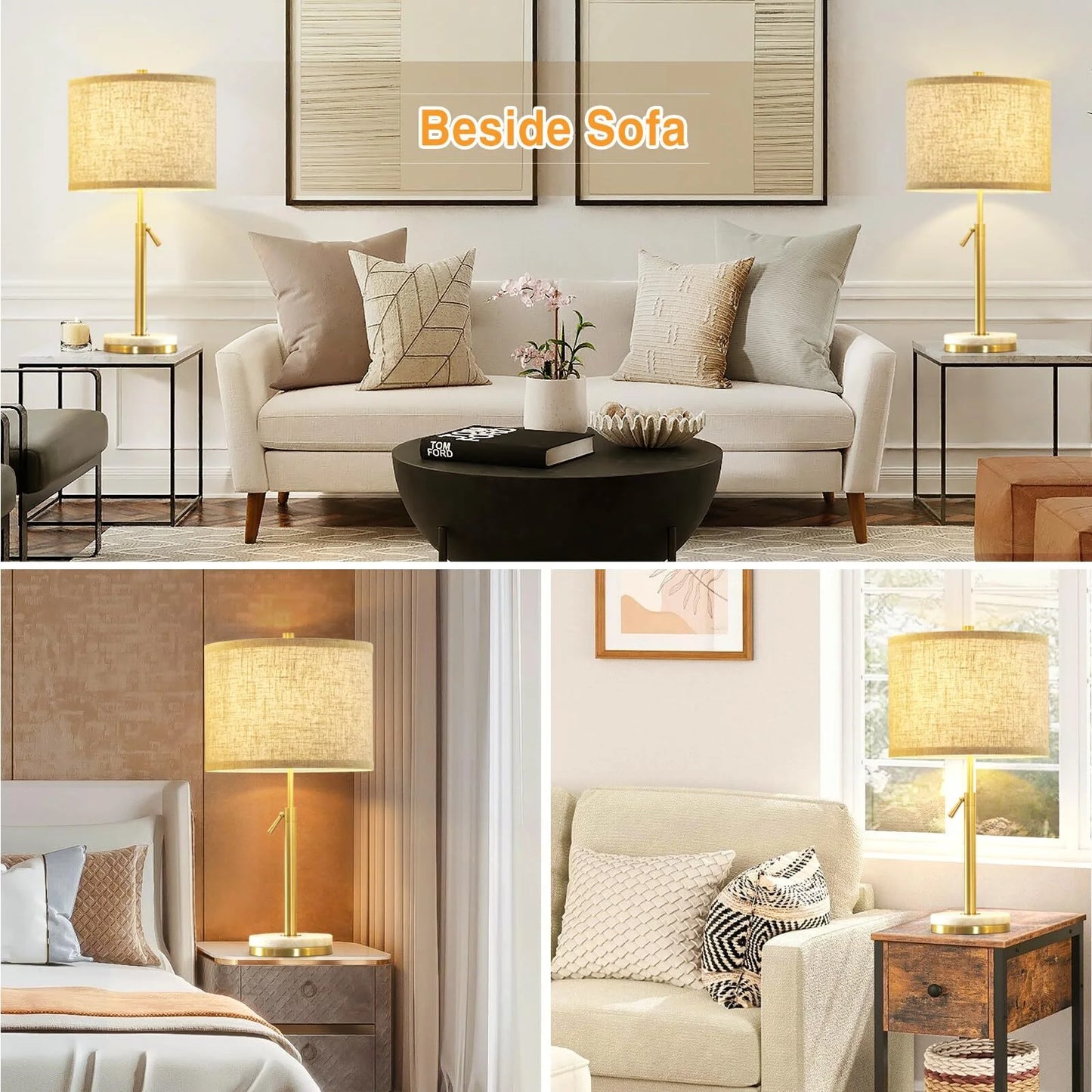 NATYSWAN Modern Table Lamp for Living Room, Adjustable Height Lamp with Marble Base and Pull Chain Switch Nightstand Lamps for Bedroom & Office,Set of 2