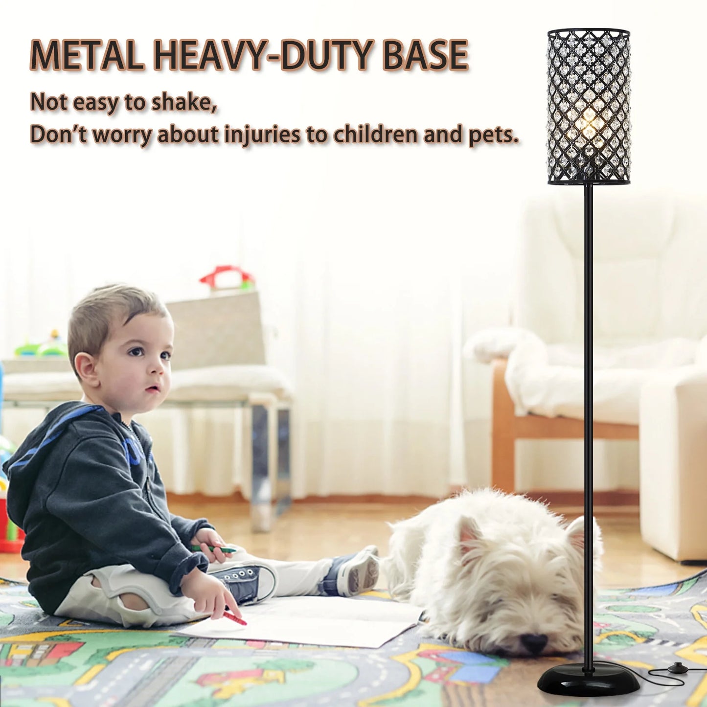 NATYSWAN Crystal Floor Lamp, Modern Black Standing Lamp with on/off Foot Switch,Tall Pole Accent Lighting for Living Room, Bedroom, Office