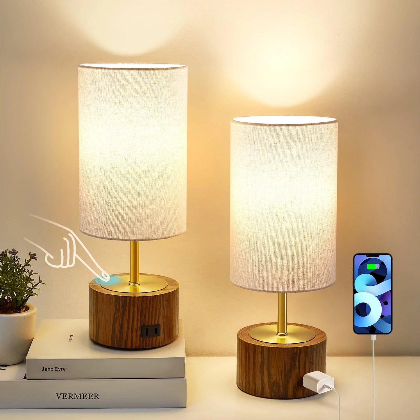 NATYSWAN Small Table Lamp for Bedroom,Touch Lamps set of 2 with USB Ports and Fabric Shade, Minimalist Desk Lamp for Living Room Office Dorm Kids Room