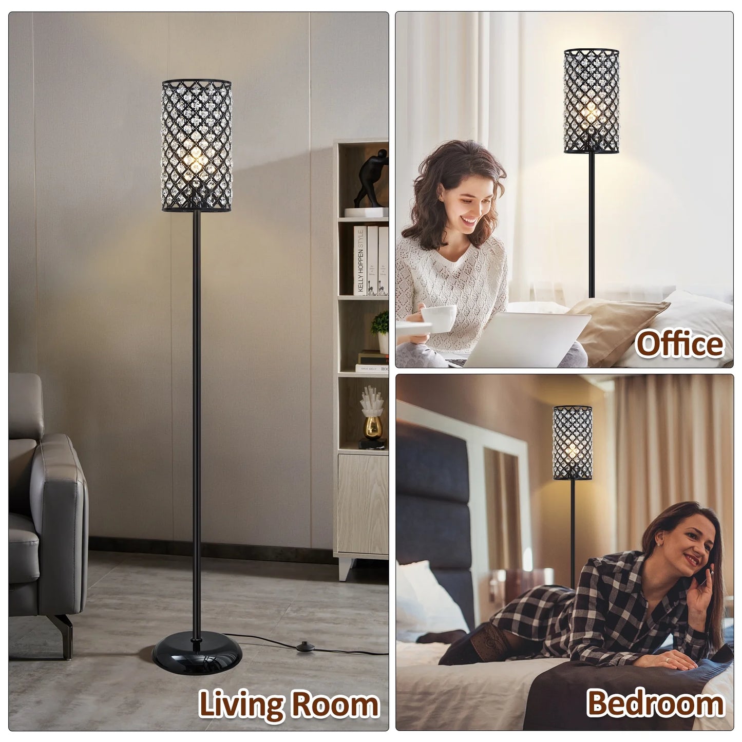 NATYSWAN Crystal Floor Lamp, Modern Black Standing Lamp with on/off Foot Switch,Tall Pole Accent Lighting for Living Room, Bedroom, Office