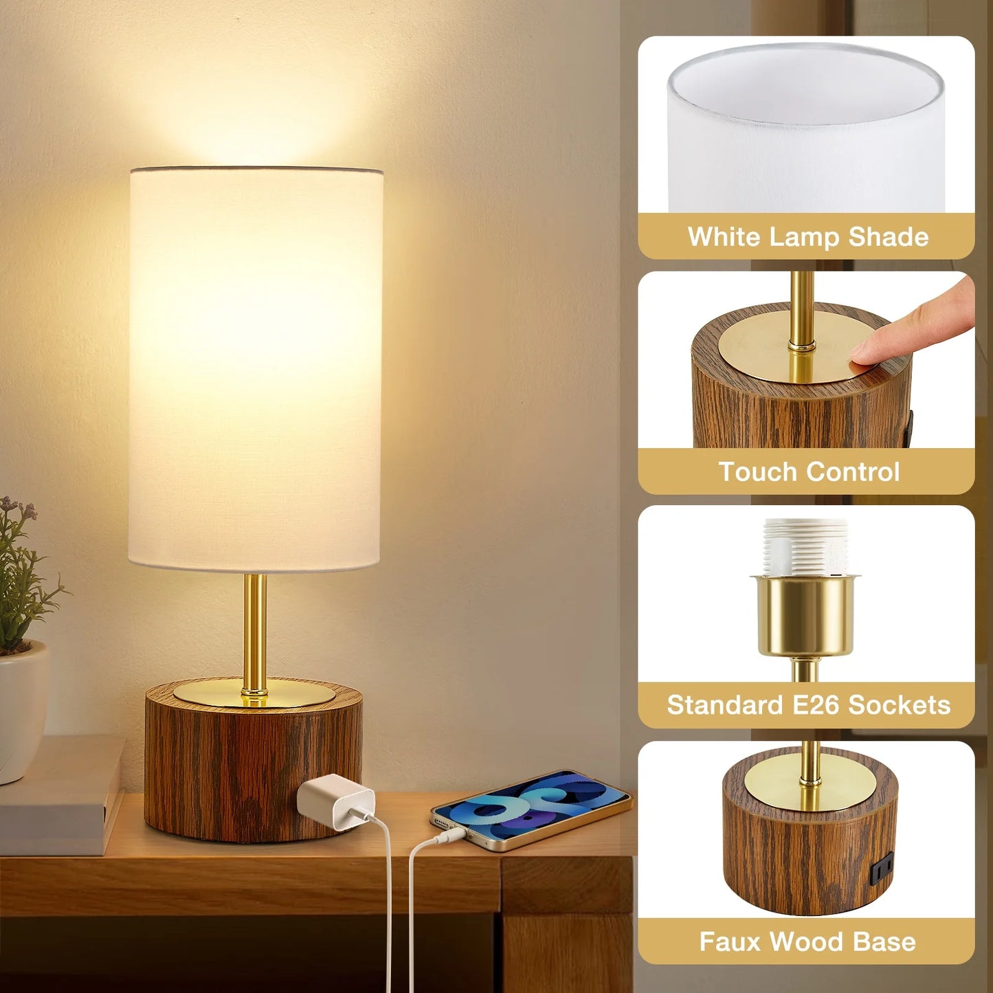 NATYSWAN Small Table Lamp for Bedroom,Touch Lamps set of 2 with USB Ports and Fabric Shade, Minimalist Desk Lamp for Living Room Office Dorm Kids Room