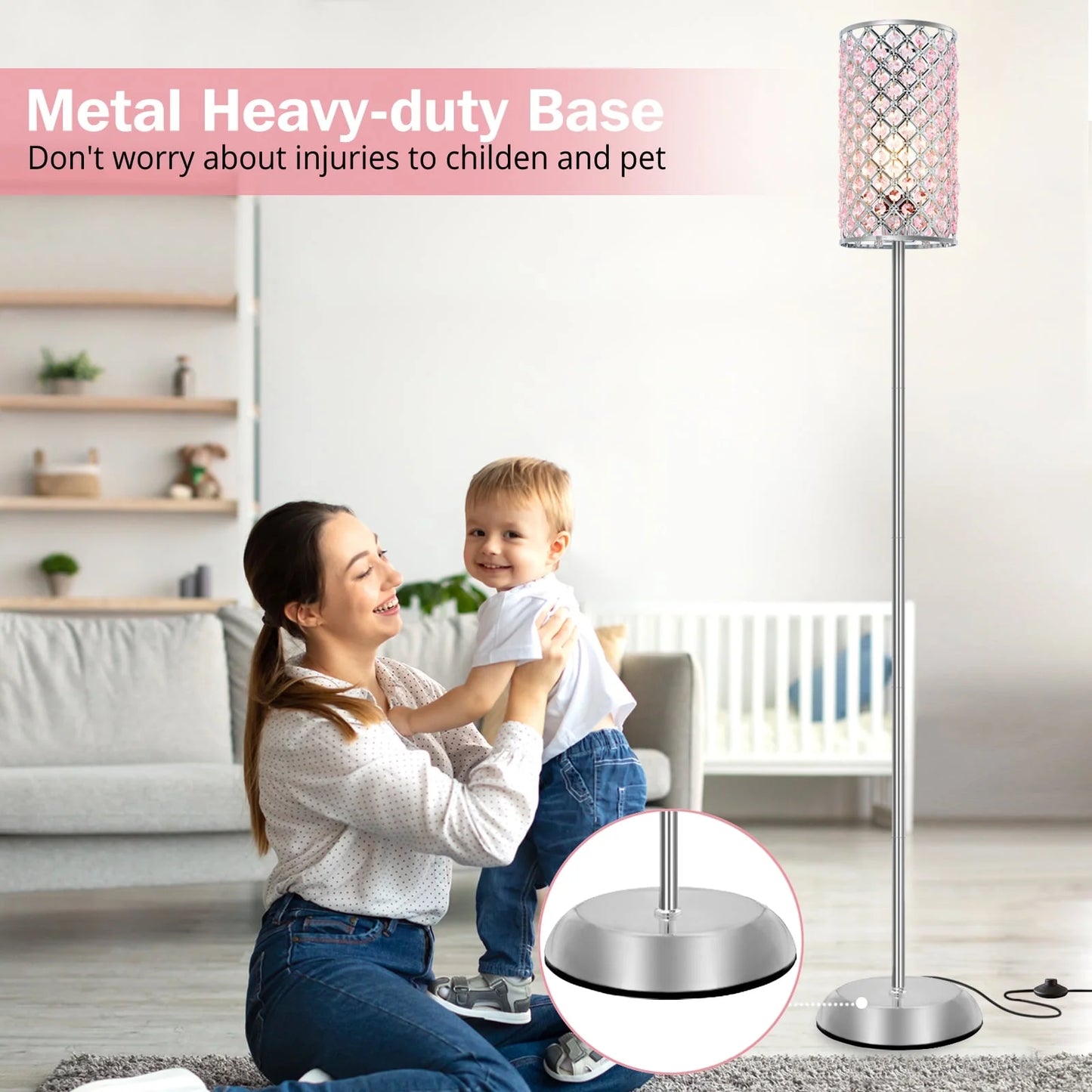 NATYSWAN Crystal Floor Lamp, Modern Black Standing Lamp with on/off Foot Switch,Tall Pole Accent Lighting for Living Room, Bedroom, Office