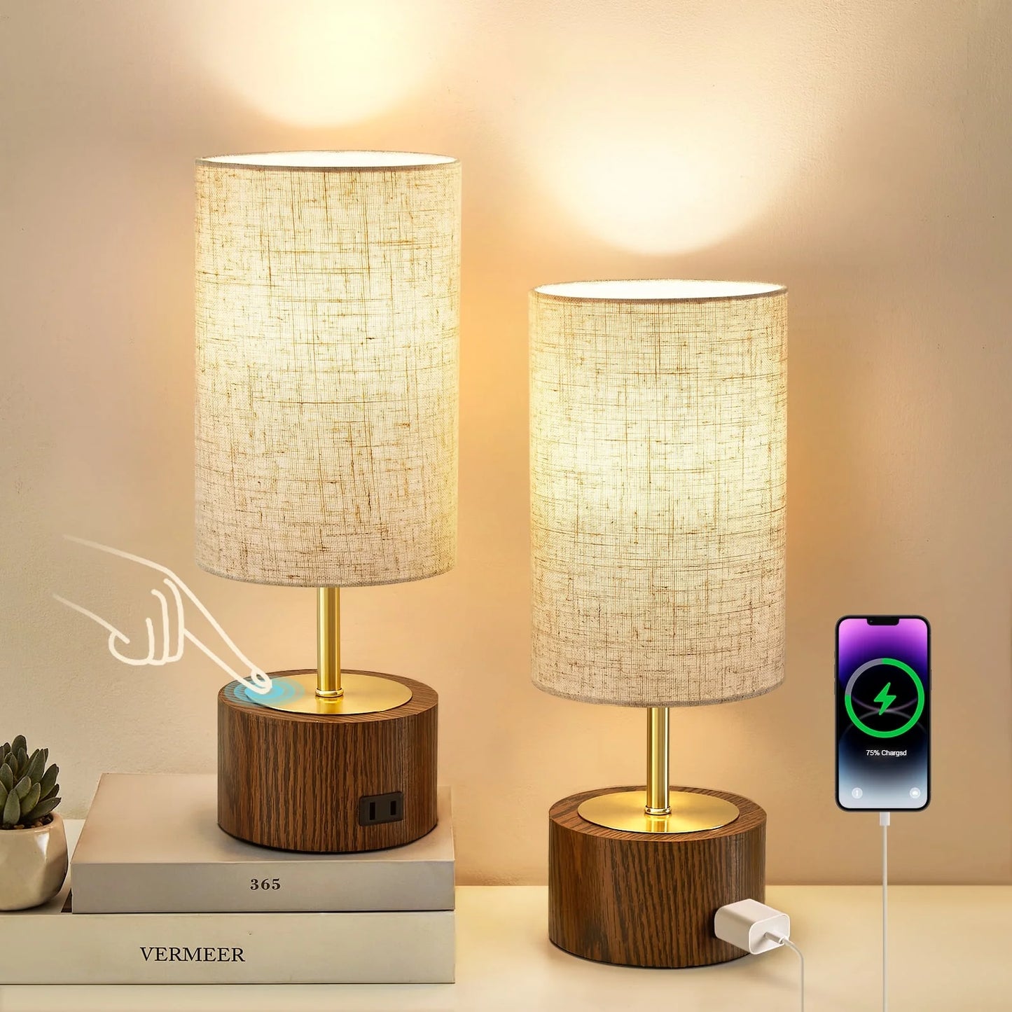 NATYSWAN Small Table Lamp for Bedroom,Touch Lamps set of 2 with USB Ports and Fabric Shade, Minimalist Desk Lamp for Living Room Office Dorm Kids Room