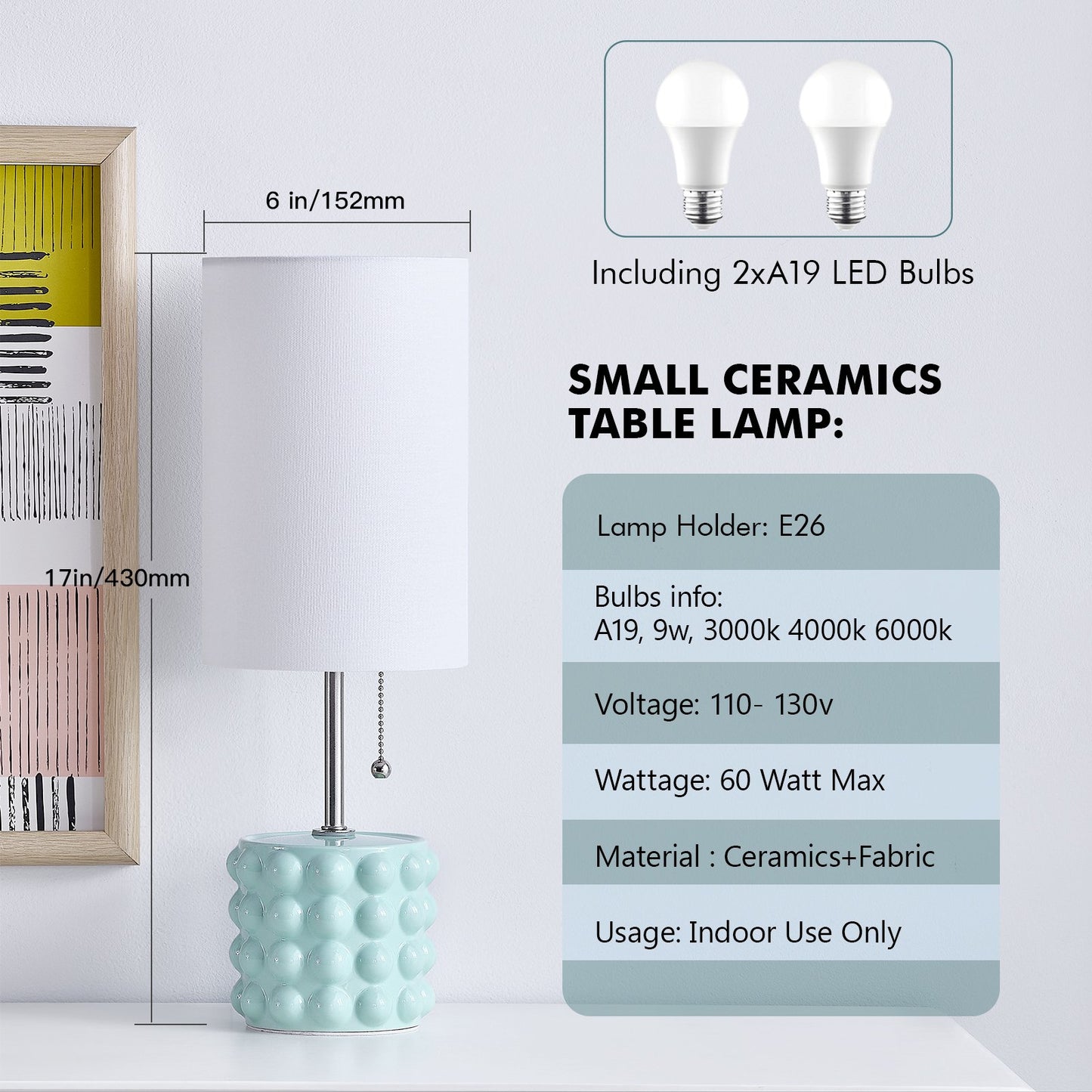 NATYSWAN Ceramic Table Lamp set of 2 for Living Room,3 Way Dimmable Nightstand Reading Lamp with White Linen Shade for Bedrooms Office