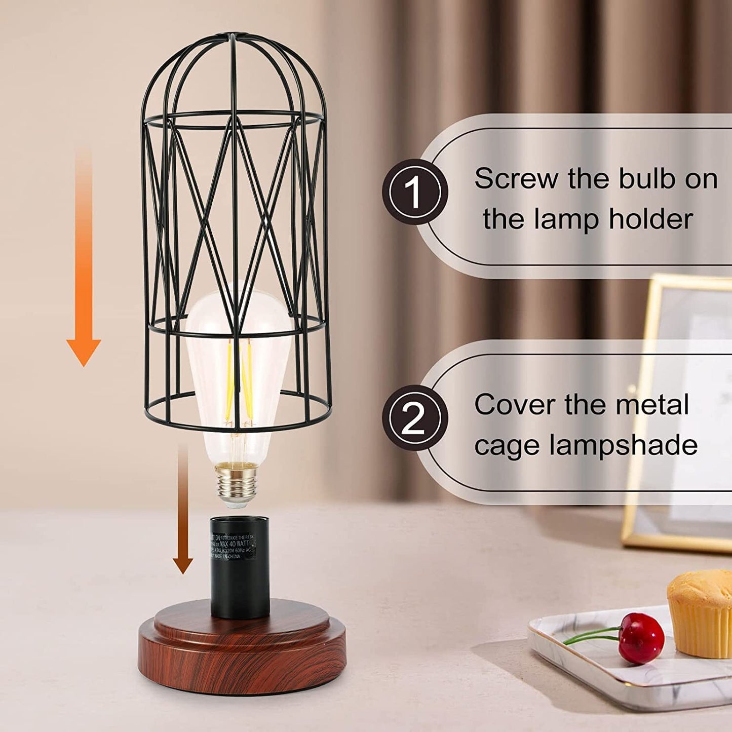 Natyswan Industrial Table Lamp Set of 2, Small Touch Control Edison Desk Lamp 3 Way Dimmable Vintage Bedside Lamp Metal Cage Steampunk for Living Room,Bedroom or Den