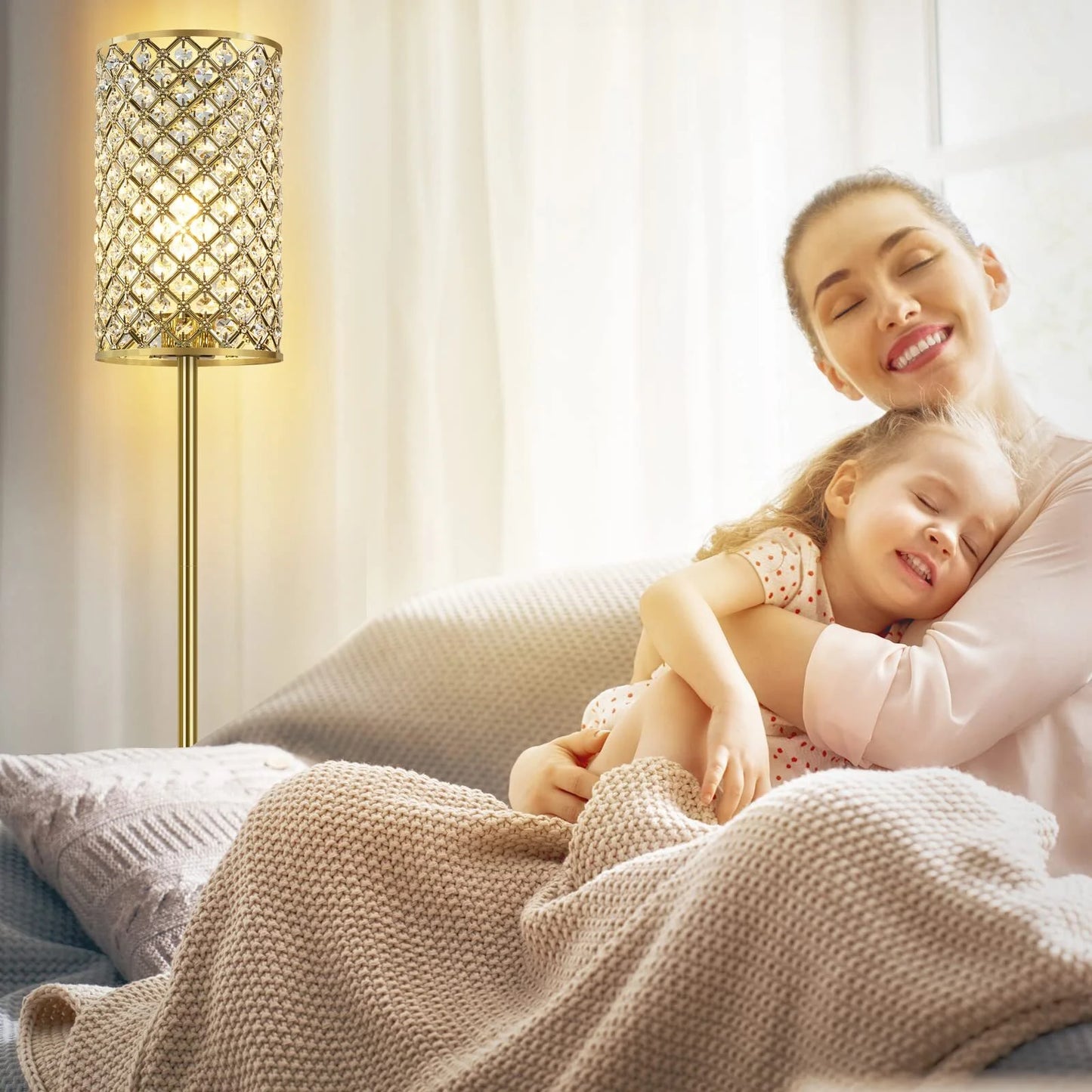 NATYSWAN Crystal Floor Lamp, Modern Black Standing Lamp with on/off Foot Switch,Tall Pole Accent Lighting for Living Room, Bedroom, Office