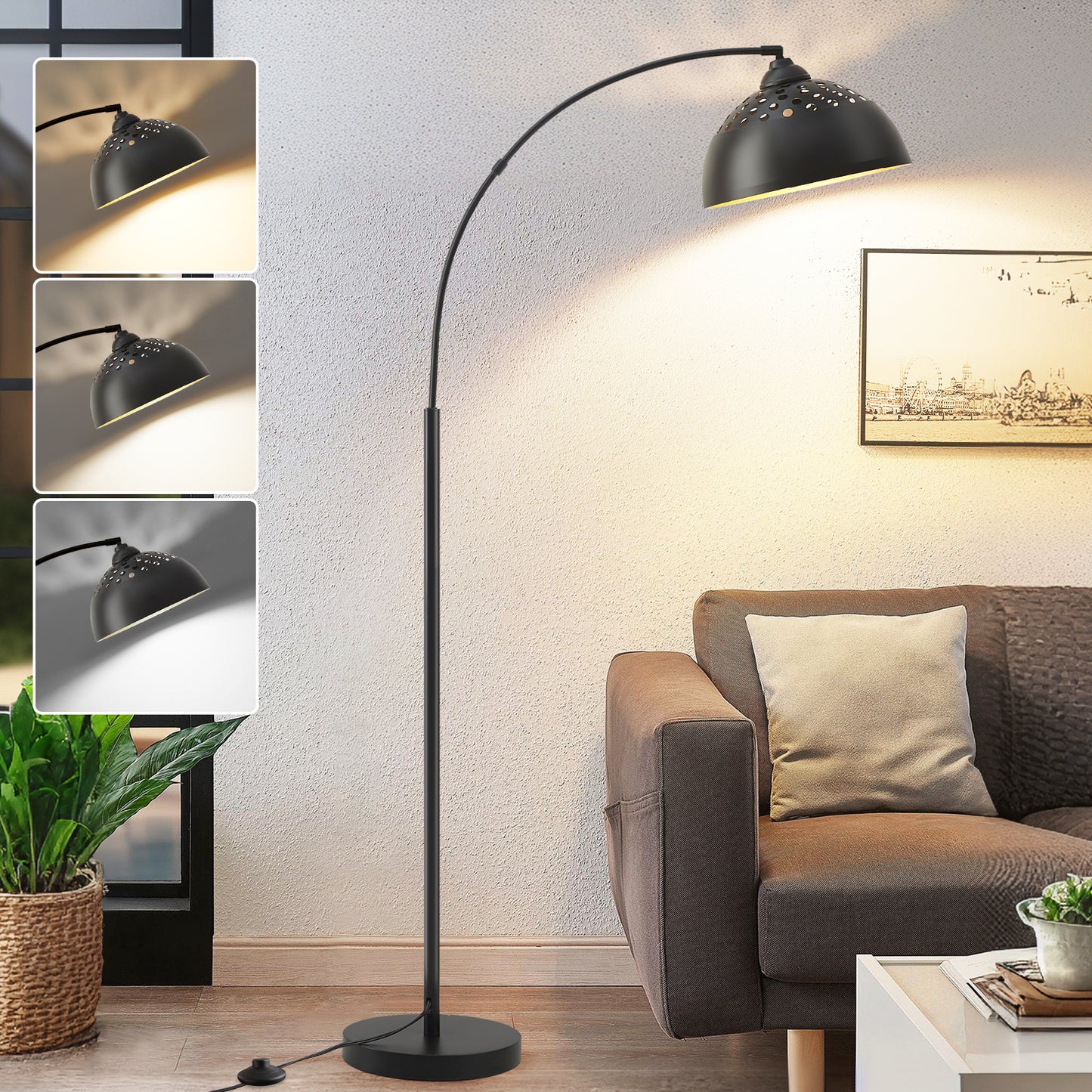 NATYSWAN 71" Arc Floor Lamps for Living Room, Modern Standing Lamp with Adjustable Hanging Metal Hollow Shade, Tall Pole Lamp with Foot Switch, Over Couch Arched Reading Light for Bedroom, Office