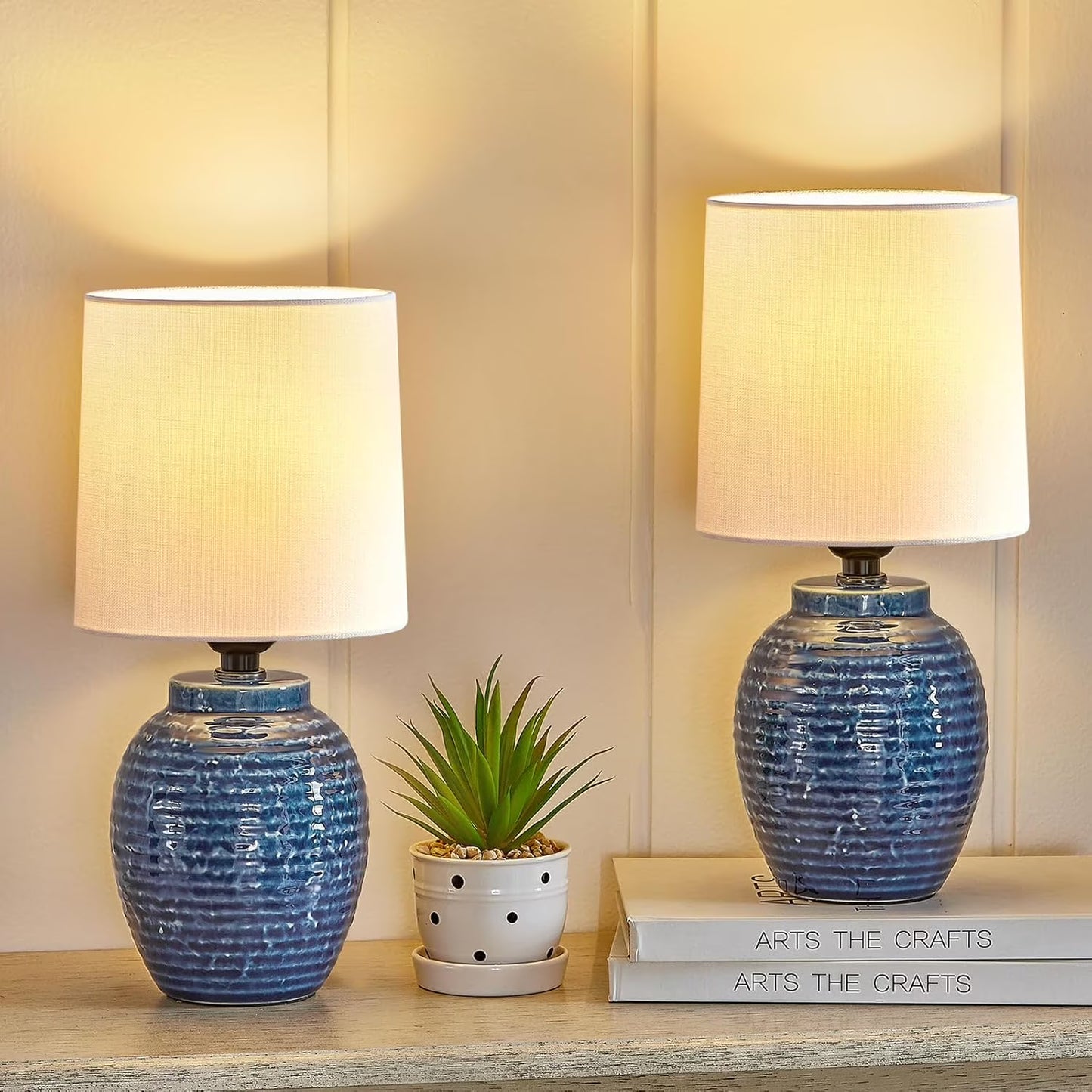 NATYSWAN Table Lamps Set of 2-13.75" Small Bedside Lamps - Classic Farmhouse Ceramic Table Lamp for Bedroom, Living Room, Nightstand, Office