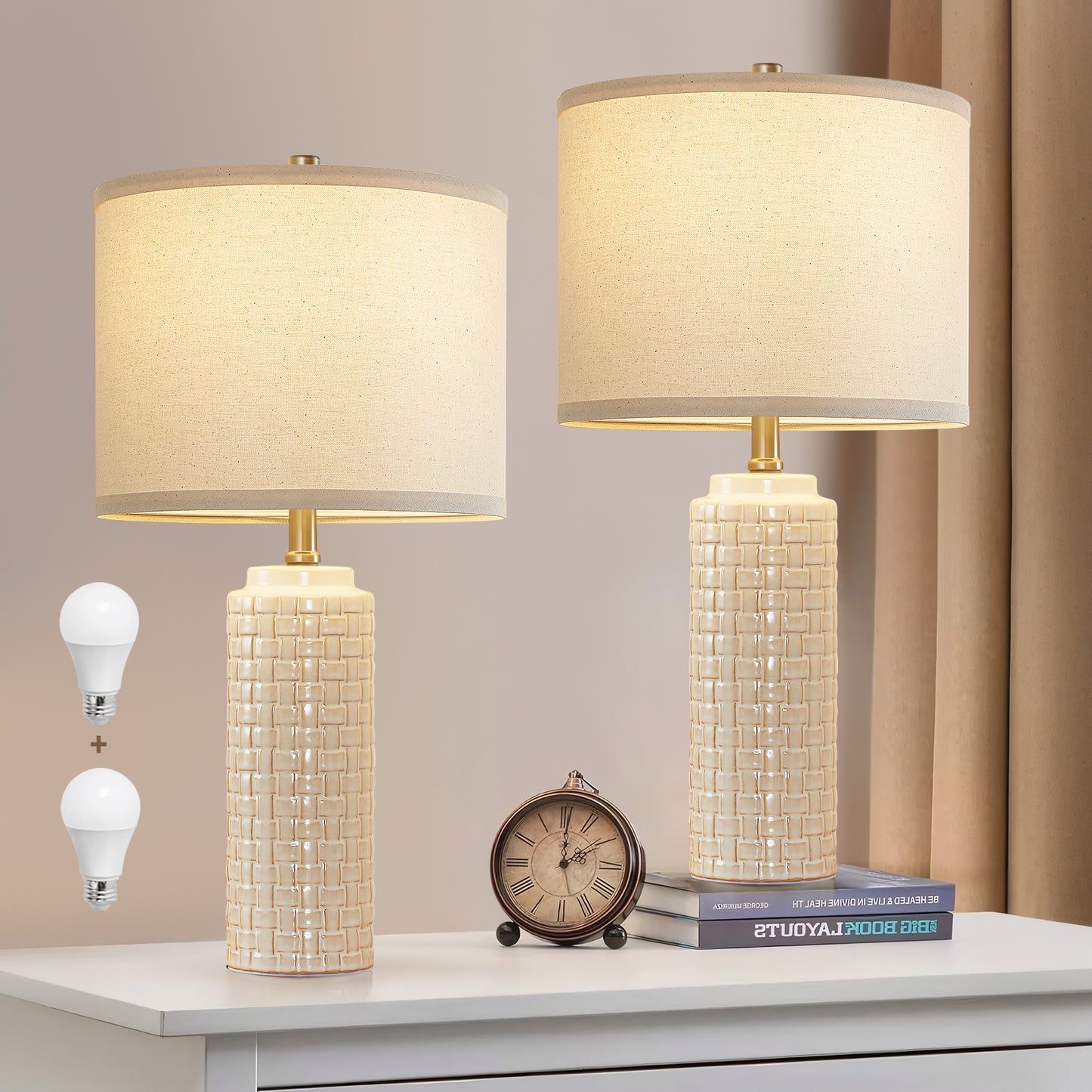 NATYSWAN 24.8" Modern Ceramic Bedside Lamp Set of 2, 3 Color Temperature Bulbs Included - Farmhouse Nightstand Lamps for Living Room Bedroom End Table Office Entryway, Off-White