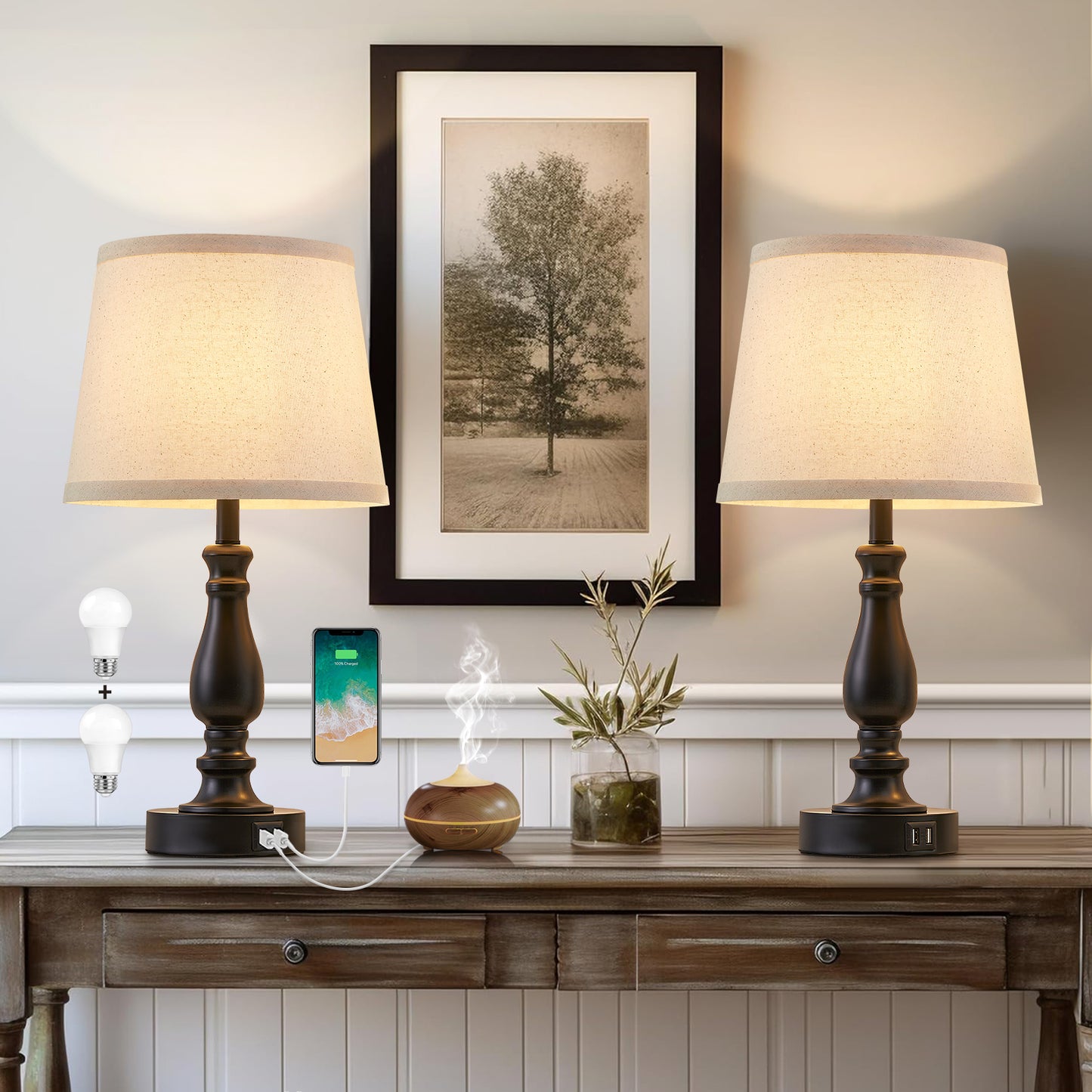 NATYSWAN Table Lamps Set of 2, Lamps for Bedroom with USB Charging Ports, 3 Way Dimmable Touch with Linen Fabric Lampshade, Modern Small Lamp for Nightstand, Living Room (Bulbs Included)