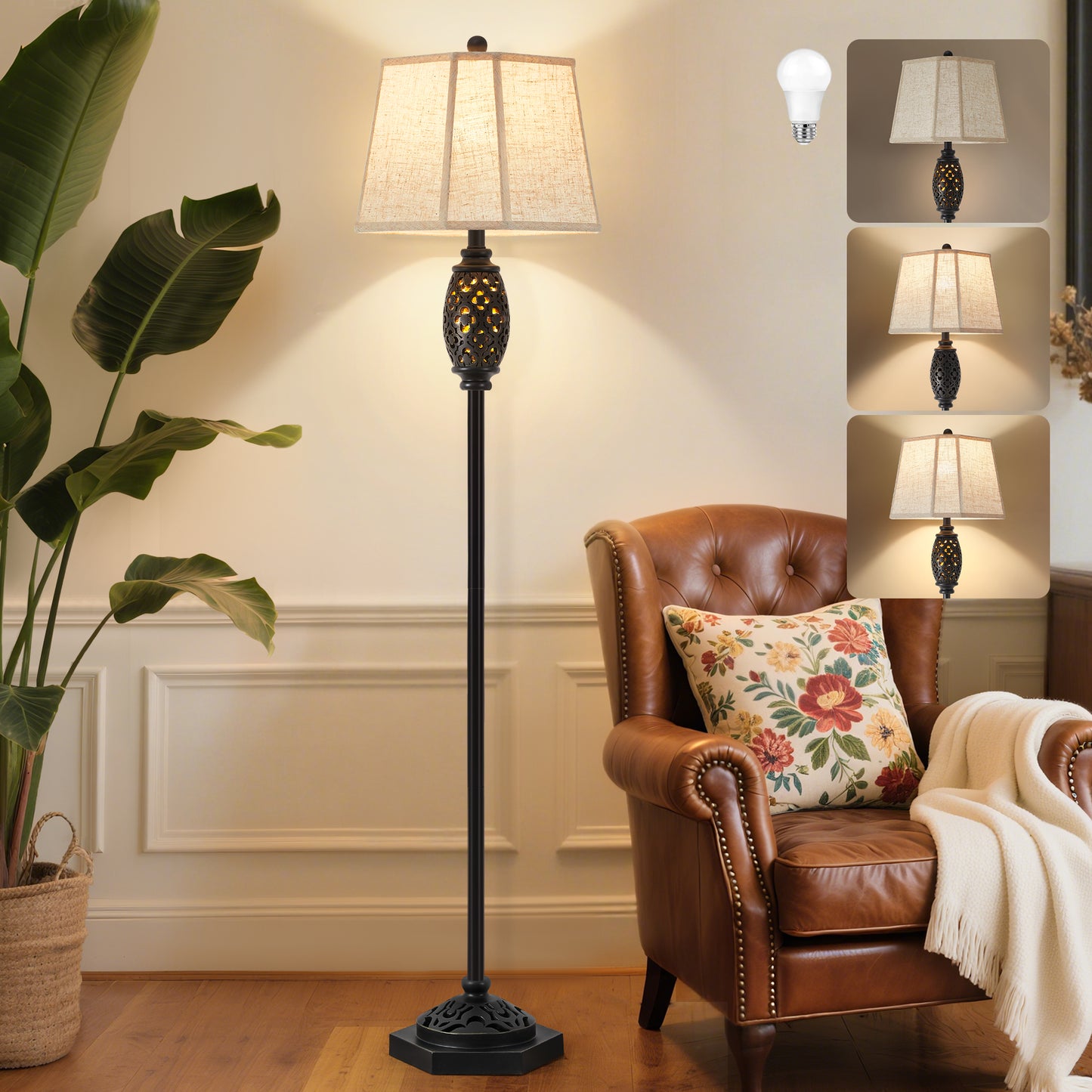 NATYSWAN Vintage Floor Lamp with Cutout Design & Glowing Light - Resin Elegant Standing Lamp for Living Room, Bedroom, Office (Includes Bulb)