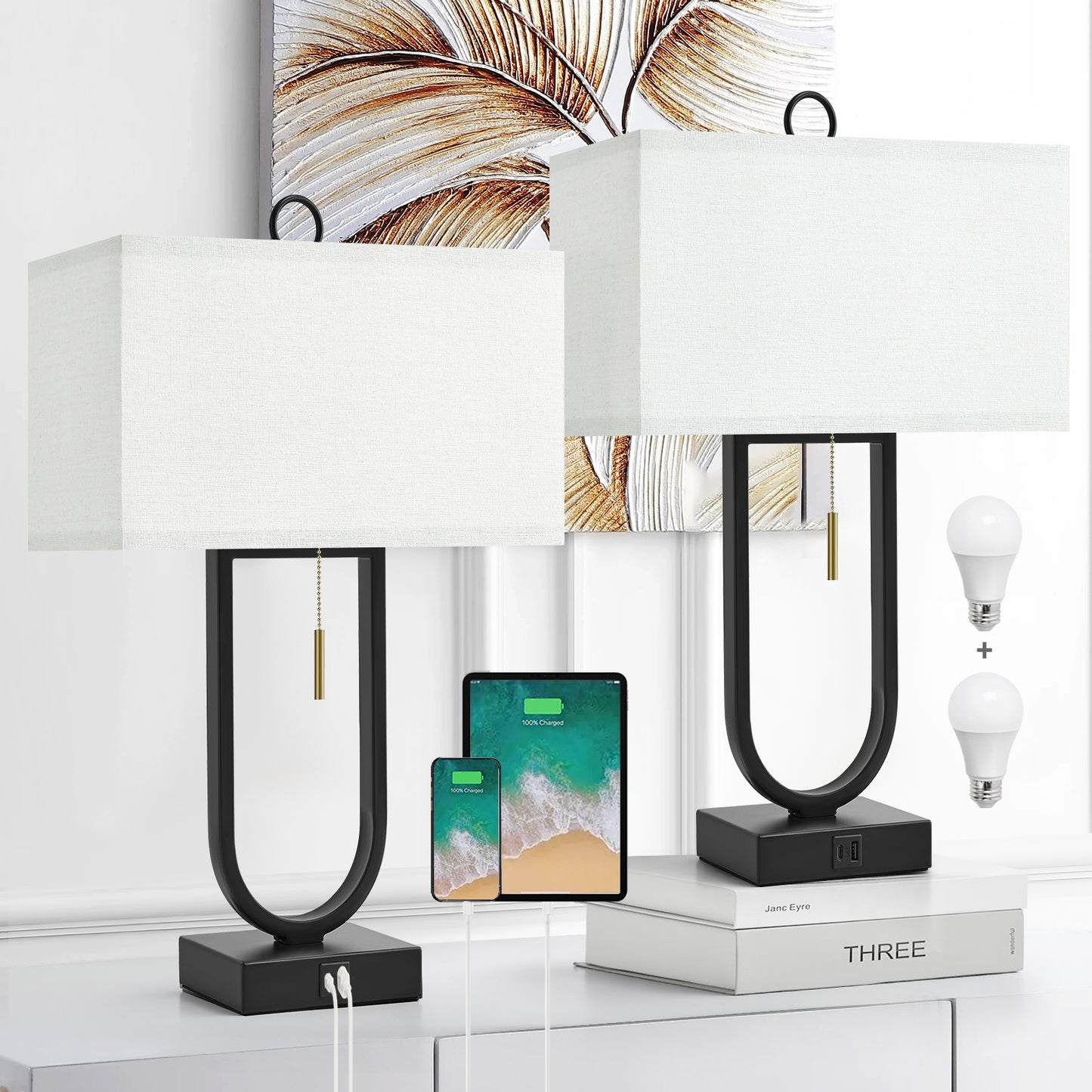 NATYSWAN 24'' Table Lamps Set of 2 with USB C+A Ports, 3-Way Dimmable Tall Modern Lamps for Night Stands, Contemporary Lamp for Living Room Home Office, Pull Chain Switch&2 LED Bulbs Included