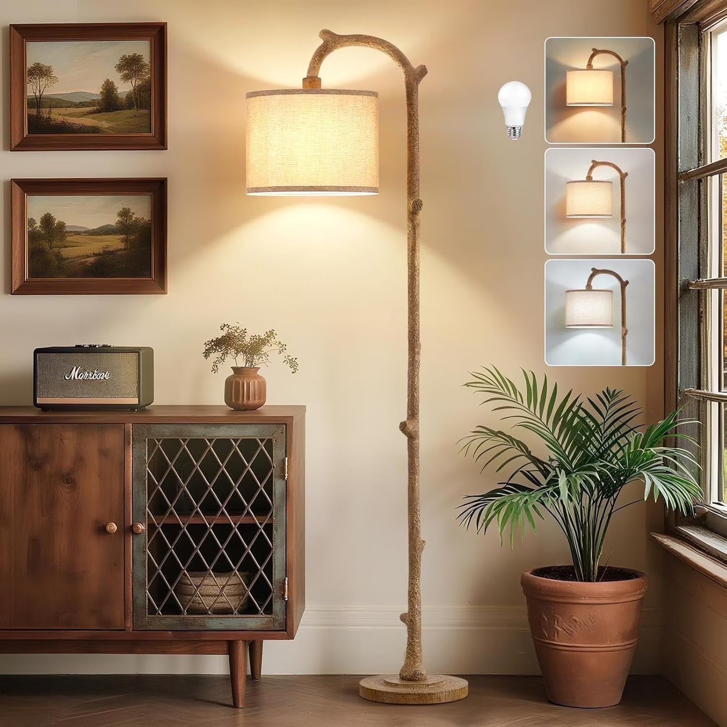 NATYSWAN Floor Lamp for Living Room - 69" Rustic Farmhouse Tree Trunk Tall Lamp - Brown Reading Light with Linen Shade Standing Lamps for Bedroom Office Home Decor