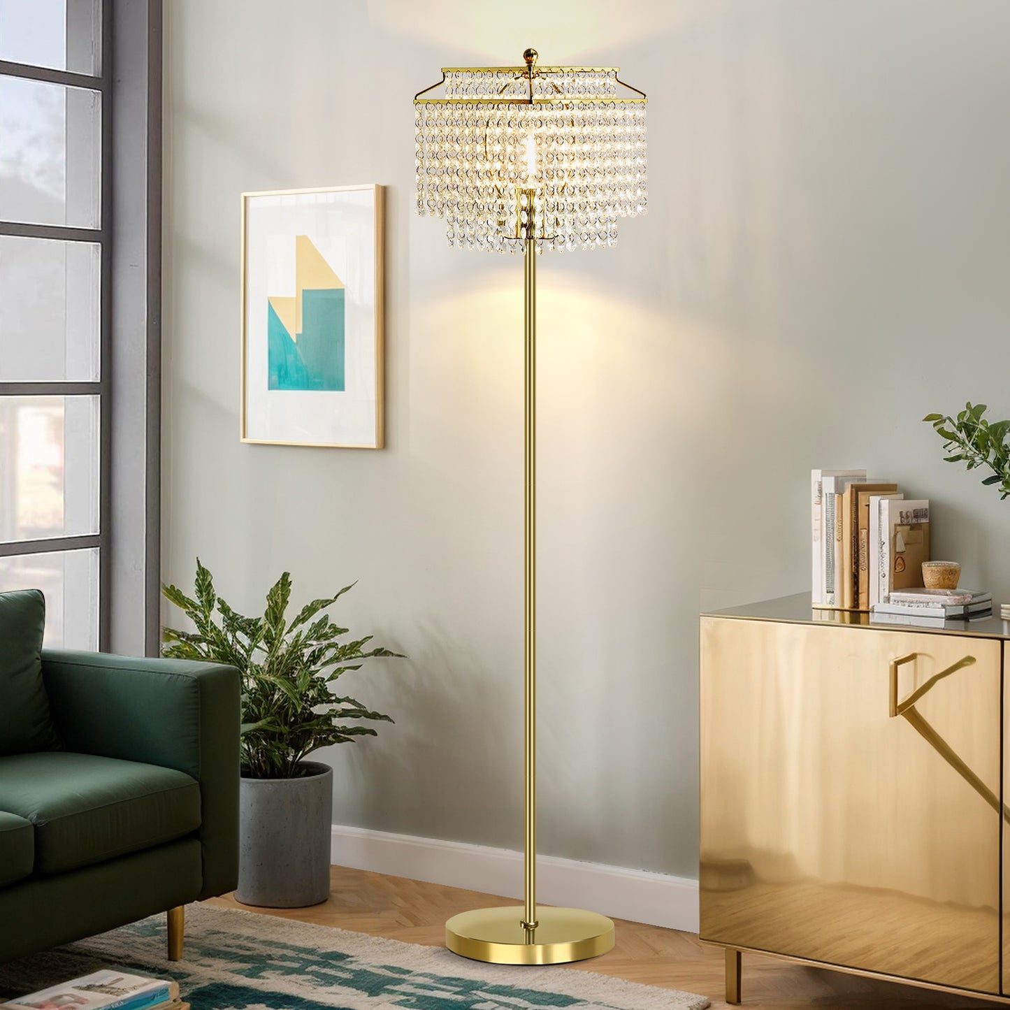 NATYSWAN Crystal Floor Lamp Gold, Modern Standing Lamps with Double-Layer Lampshade, on-off Foot Switch, Gold Finish Tall Pole Lamp for Living Room, Bedroom, Office, 8W Bulb Included