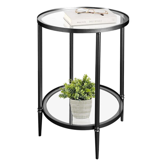 2 Tier Round Side Table, Black End Table with Glass Top, Modern Metal Clear Small Accent Tables for Living Room, Bedroom