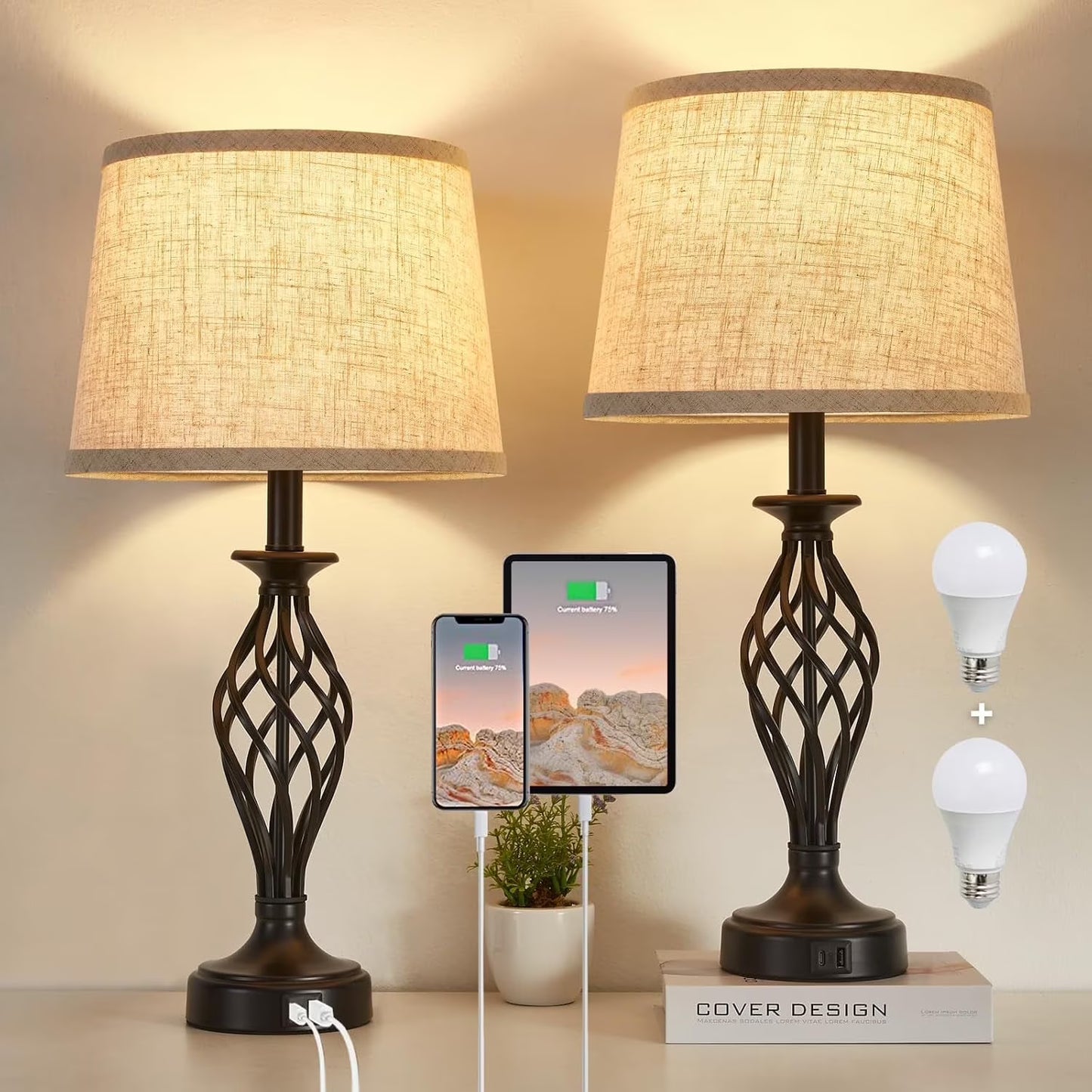 NATYSWAN Table Lamp for Bedrooms Set of 2, Silver Lamps for Night Stands,Bedside Desk Lamp with USB Ports for Bedroom Living Room Reading