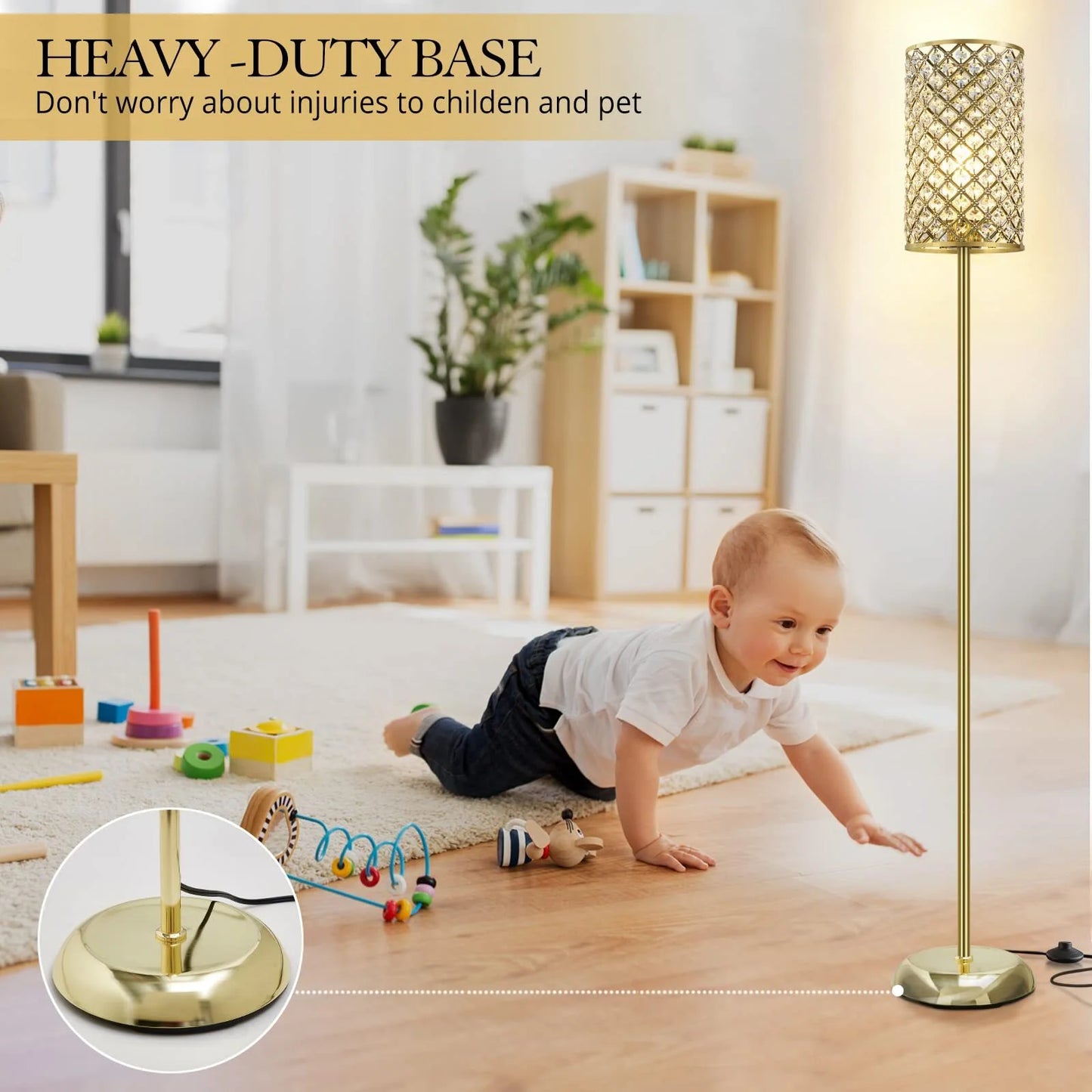 NATYSWAN Crystal Floor Lamp, Modern Black Standing Lamp with on/off Foot Switch,Tall Pole Accent Lighting for Living Room, Bedroom, Office