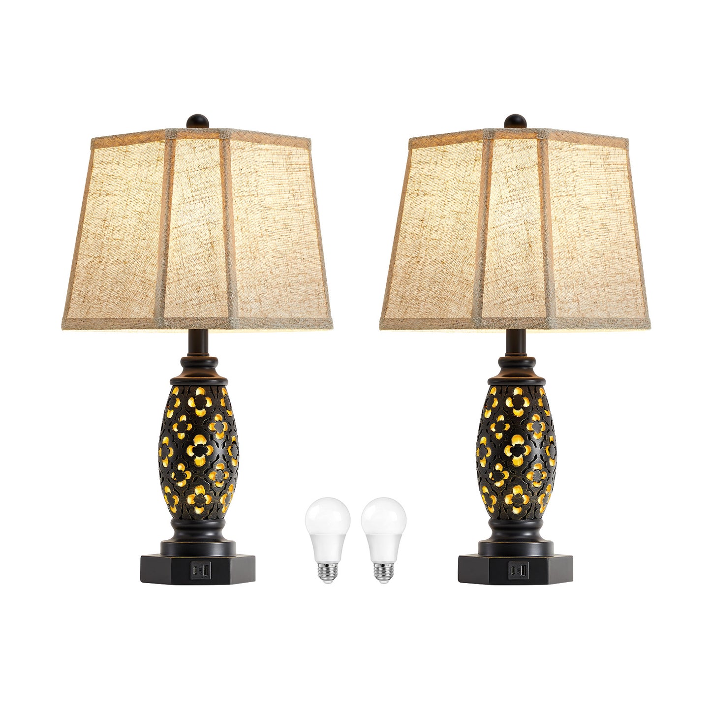 NATYSWAN Lamps for Night Stands Set of 2-23.5" Bedside Lamp with USB A+C and Nightlight - Rustic Farmhouse Table Lamp for Bedrooms, End Tables, Living Room - French Country Decor, Bulbs Included