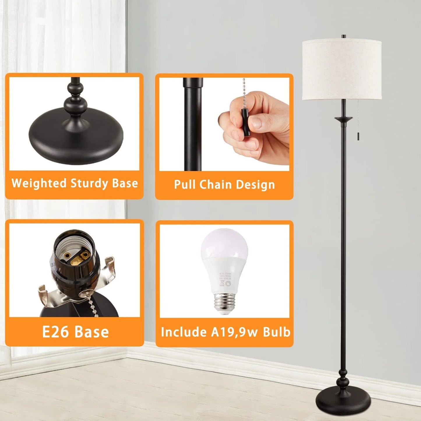 NATYSWAN Floor Lamps for Living Room Bedroom,Black Standing Lamp with Beige Lampshade,Modern Reading Lamps Corner Lamp for Office/Den/Kid Room