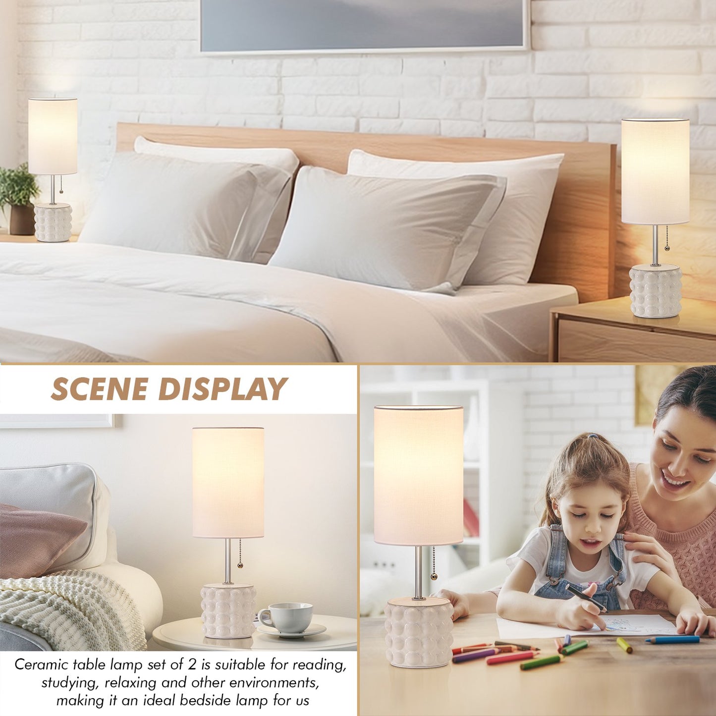 NATYSWAN Ceramic Table Lamp set of 2 for Living Room,3 Way Dimmable Nightstand Reading Lamp with White Linen Shade for Bedrooms Office