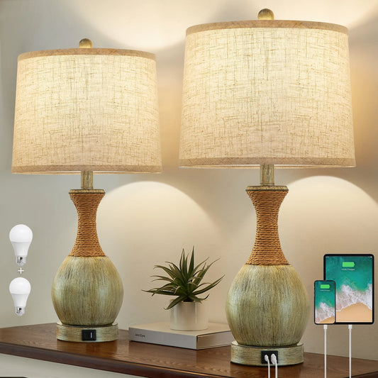 NATYSWAN Table Lamp for Bedroom Set of 2 with USB C+A Ports, Modern Bedside Lamps with Beige Fabric Shade,3-Way Dimmable Nightstand Lamps for Living Room Office