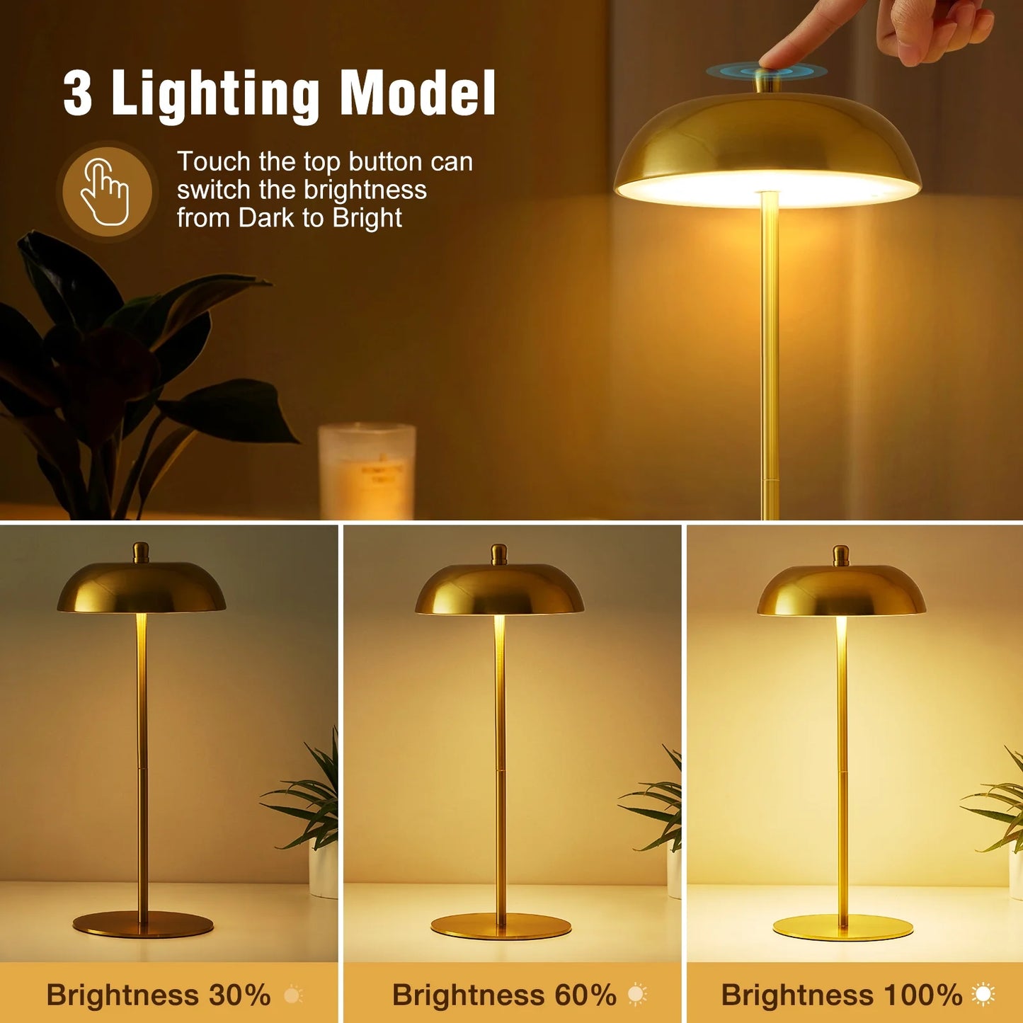 NATYSWAN 2 Pack Rechargeable Table Lamps Cordless Lamp,3 Way Dimmable Battery Operated Touch Lamp,Modern Gold Bedside Lamp for Dorm Home Bedroom Office