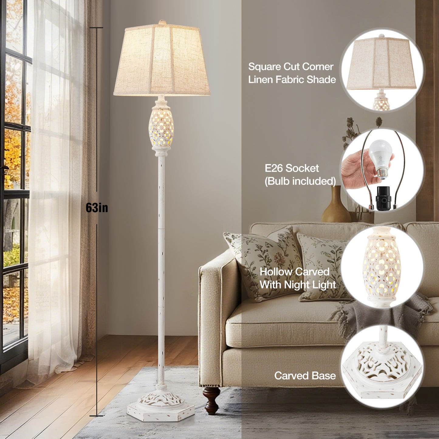 NATYSWAN Vintage Floor Lamp with Cutout Design & Glowing Light - Resin Elegant Standing Lamp for Living Room, Bedroom, Office (Includes Bulb)