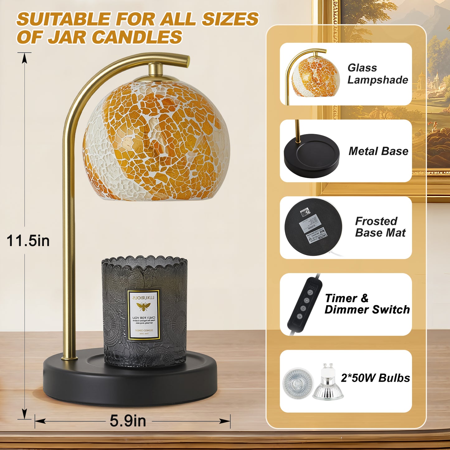 NATYSWAN Amber Glass Electric Candle Warmer with Timer & Dimmer Wax Melts Warmer for Candle Jars, Ideal Gift, Bedroom Home Decor, No Flame Scented Candle Warmer with 2 Bulbs