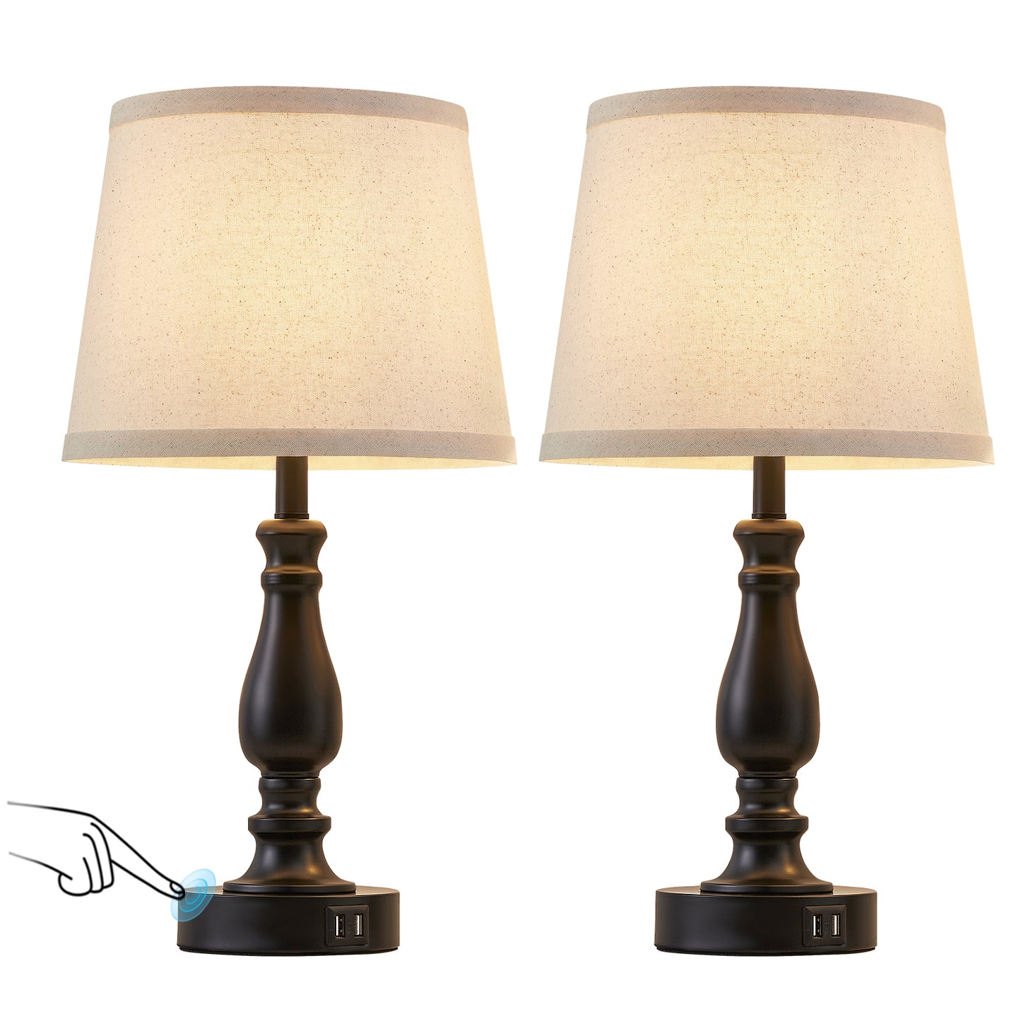 NATYSWAN Table Lamps Set of 2, Lamps for Bedroom with USB Charging Ports, 3 Way Dimmable Touch with Linen Fabric Lampshade, Modern Small Lamp for Nightstand, Living Room (Bulbs Included)