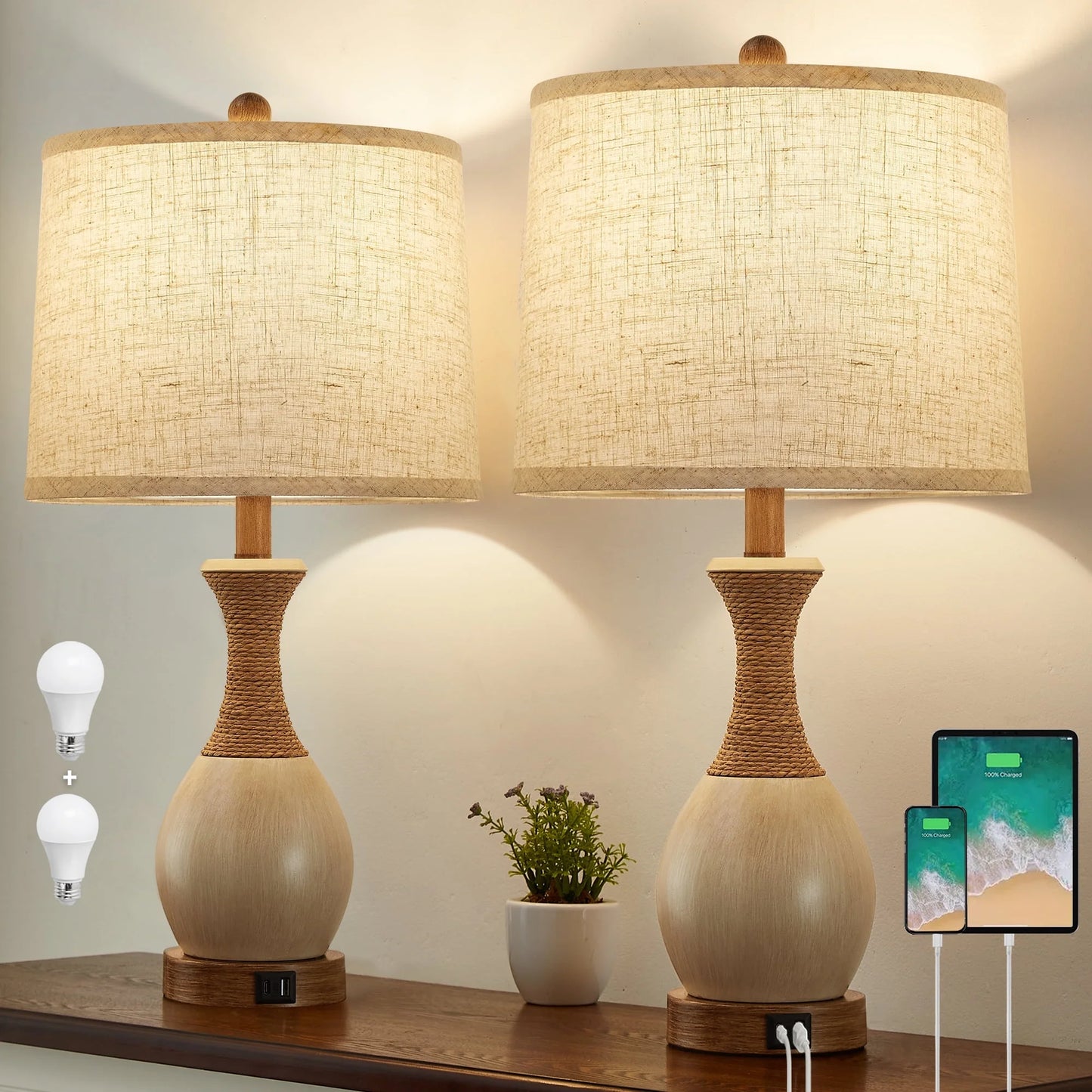 NATYSWAN Table Lamp for Bedroom Set of 2 with USB C+A Ports, Modern Bedside Lamps with Beige Fabric Shade,3-Way Dimmable Nightstand Lamps for Living Room Office