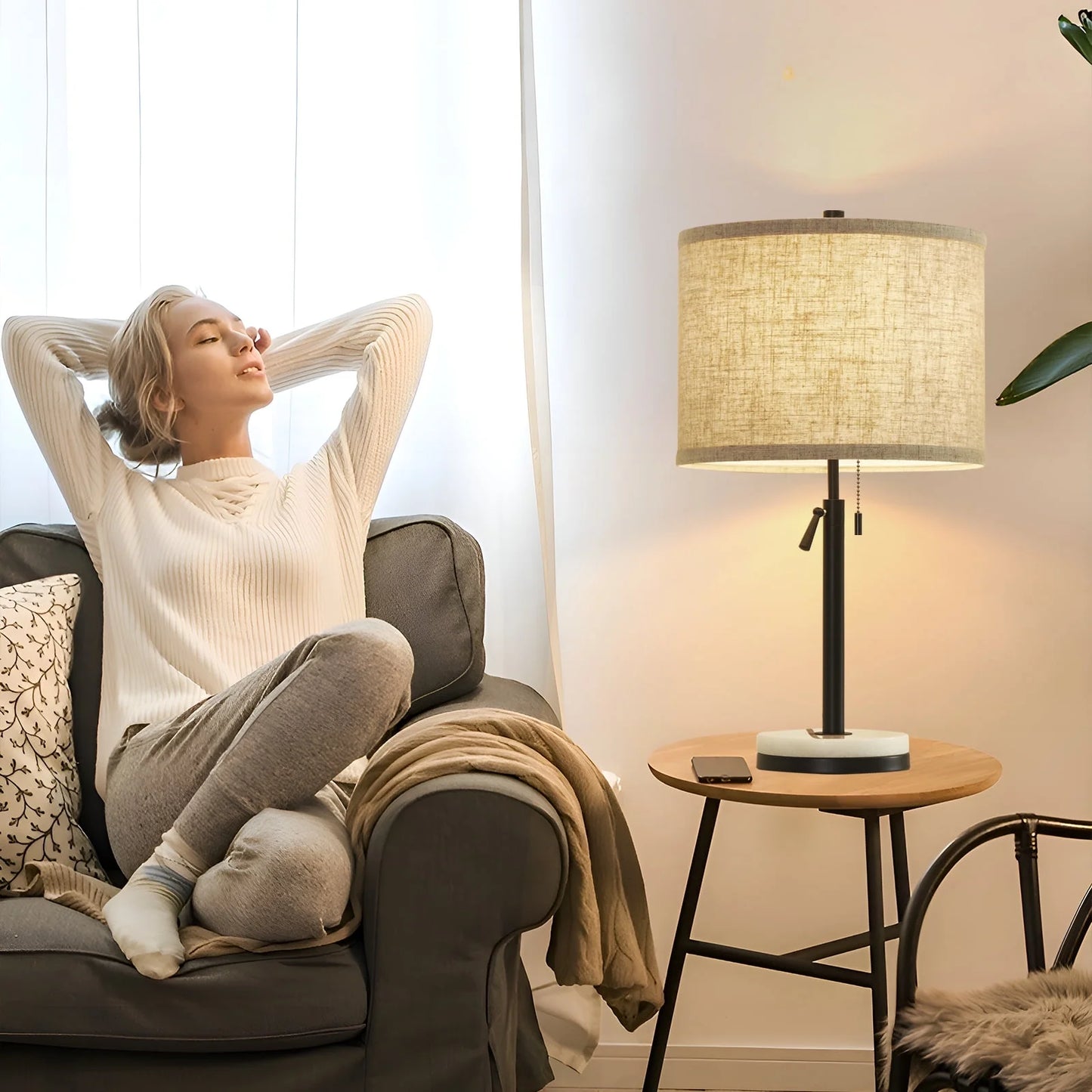 NATYSWAN Modern Table Lamp for Living Room, Adjustable Height Lamp with Marble Base and Pull Chain Switch Nightstand Lamps for Bedroom & Office,Set of 2