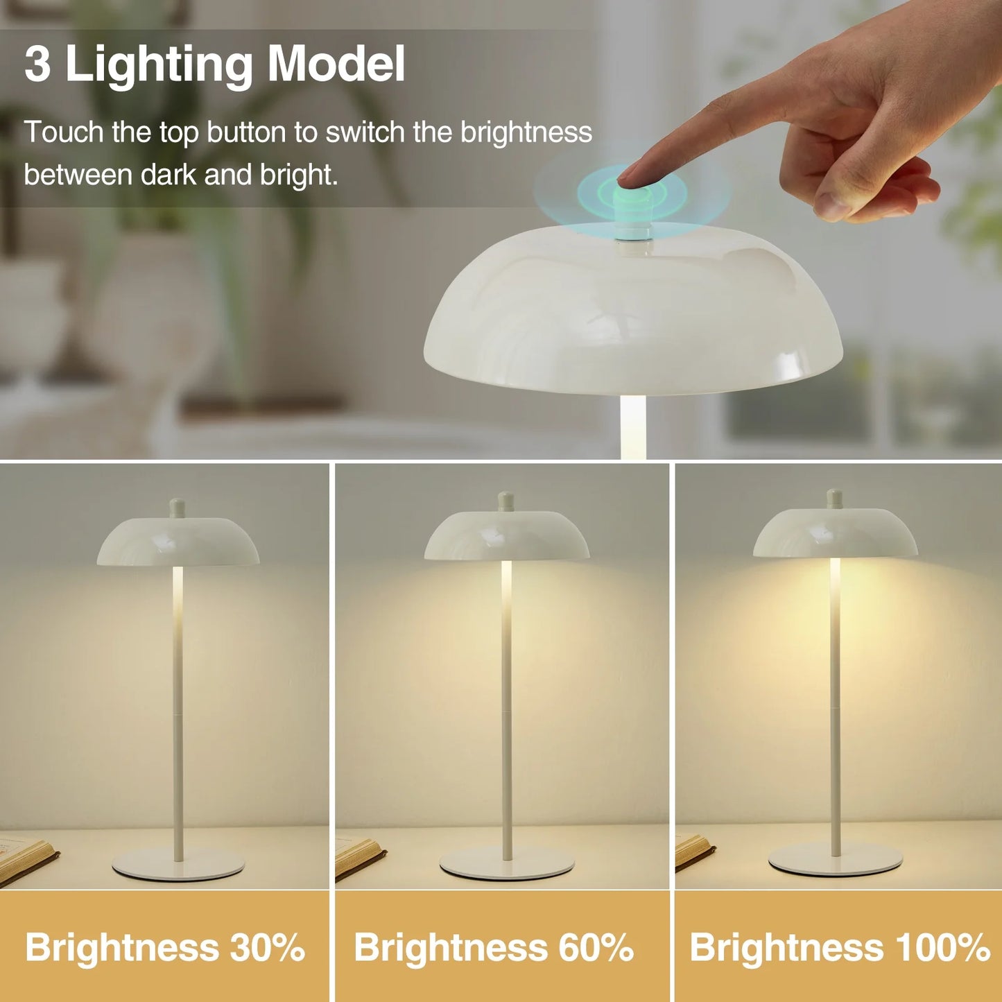 NATYSWAN Cordless Table Lamp Rechargeable,Battery Operated LED Desk Lamp 3 Way Dimmable Touch Nightstand Mushroom Lamp for Dorm Home Bedroom Office,White