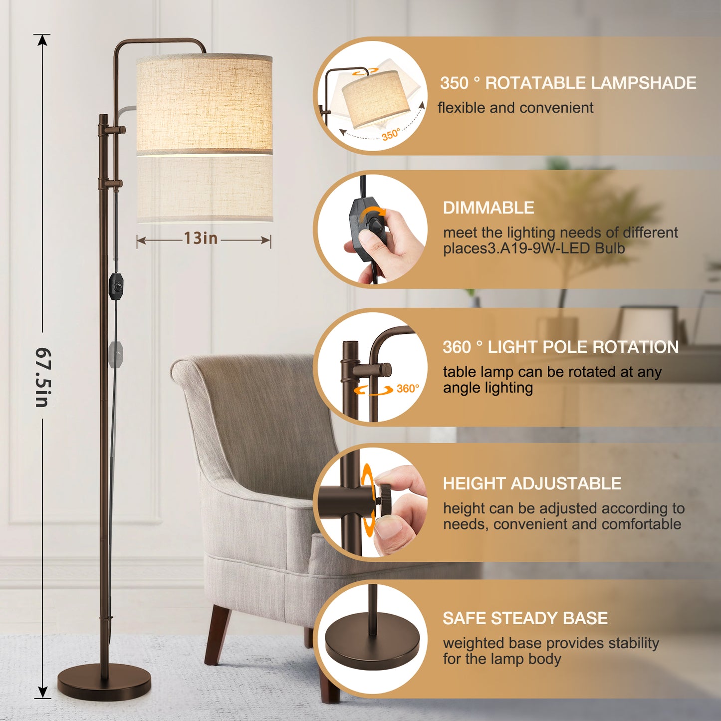 NATYSWAN Floor Lamp for Living Room, Adjustable Height Standing Lamps with 350° Rotate White Lampshade, 67.5-Inch Modern Tall Lamp Dimmable Floor Lamps for Corner Bedroom Home Office (Bulb Included)