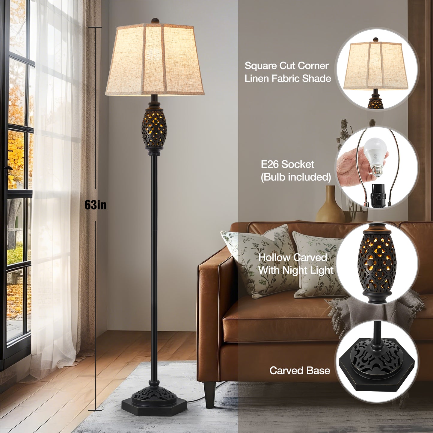 NATYSWAN Vintage Floor Lamp with Cutout Design & Glowing Light - Resin Elegant Standing Lamp for Living Room, Bedroom, Office (Includes Bulb)