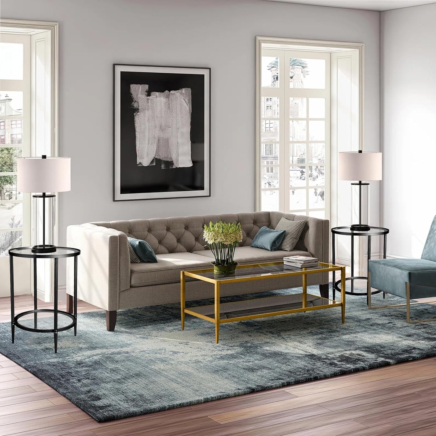 2 Tier Round Side Table, Black End Table with Glass Top, Modern Metal Clear Small Accent Tables for Living Room, Bedroom