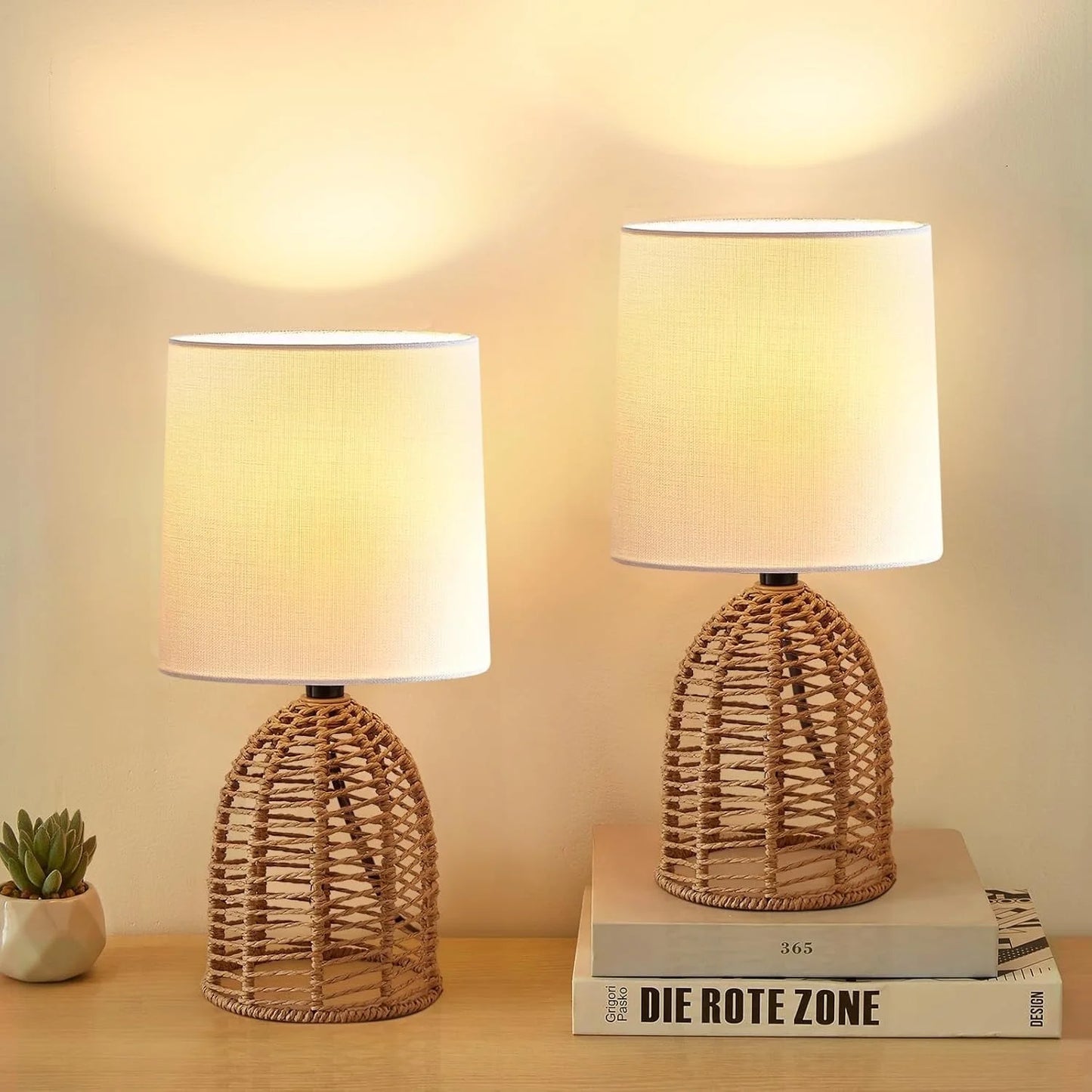 NATYSWAN Rattan Boho Table Lamps Set of 2-13.75" Mini Farmhouse Rustic End Table Decorative Small Lamps for Small Spaces Bedroom Nightstand Living Room Reading Desk Side Lamp