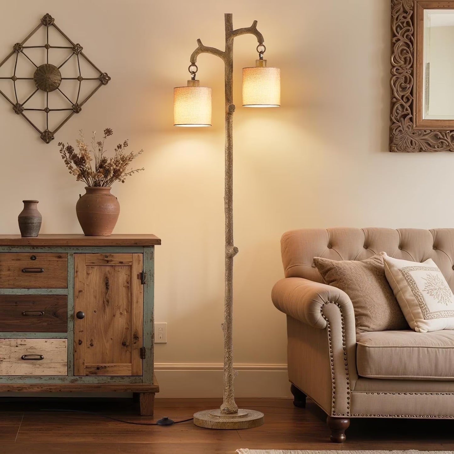 NATYSWAN Floor Lamp for Living Room - 69" Rustic Farmhouse Tree Trunk Tall Lamp - Brown Reading Light with Linen Shade Standing Lamps for Bedroom Office Home Decor