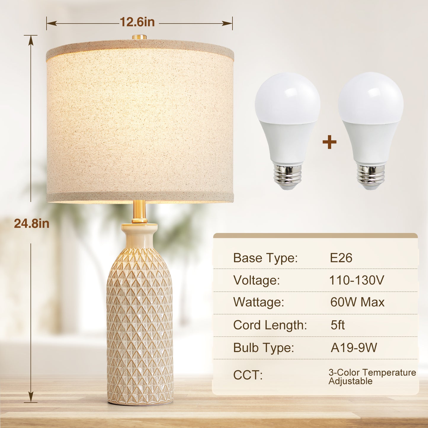 NATYSWAN Ceramic Table Lamps Set of 2, 24.8" Bedside Lamps with 3-Color Temperature, Modern Nightstand Lamp Desk Reading Lamp with Fabric Drum Shade for Bedroom, Living Room, Office, 2 Bulbs Included