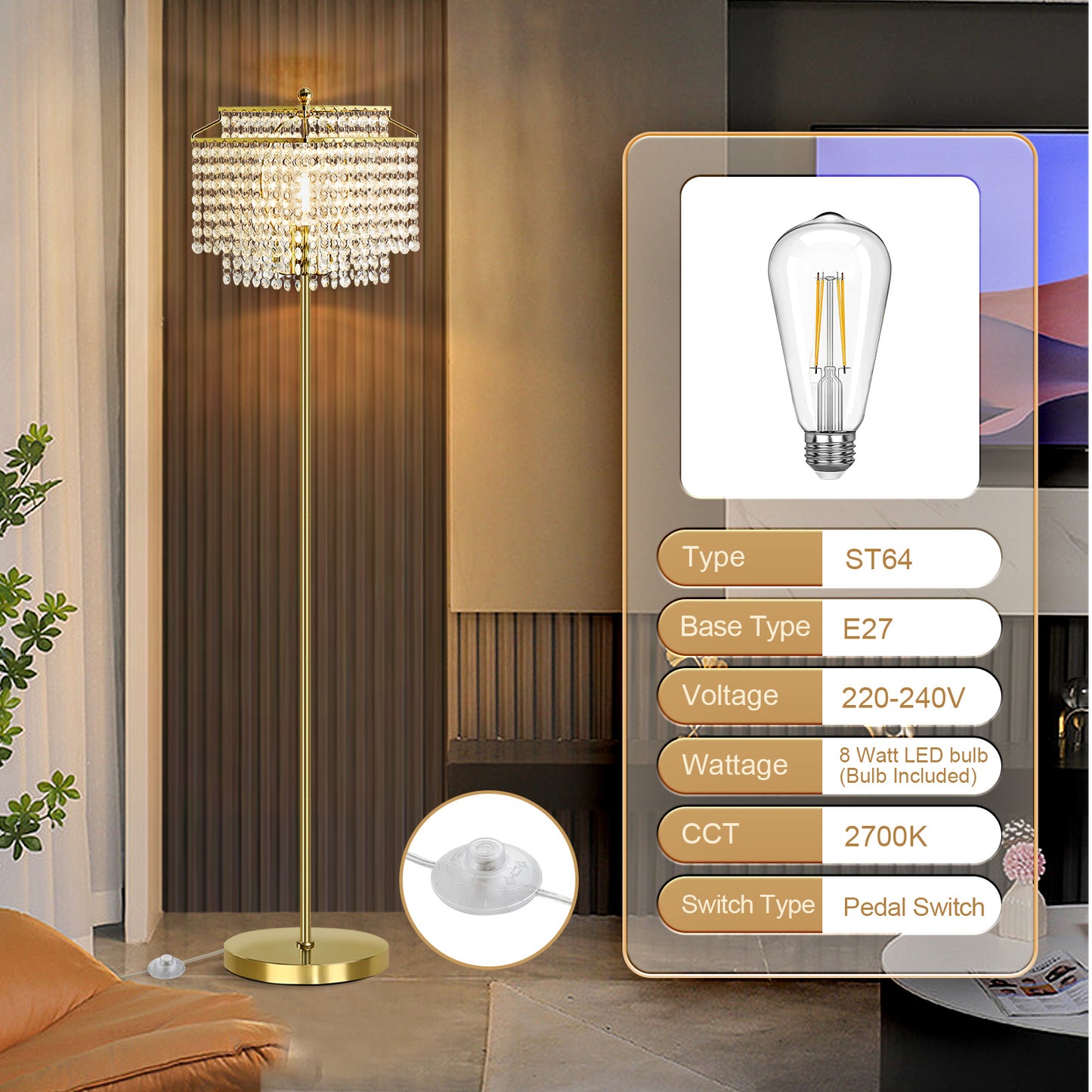 NATYSWAN Crystal Floor Lamp Gold, Modern Standing Lamps with Double-Layer Lampshade, on-off Foot Switch, Gold Finish Tall Pole Lamp for Living Room, Bedroom, Office, 8W Bulb Included