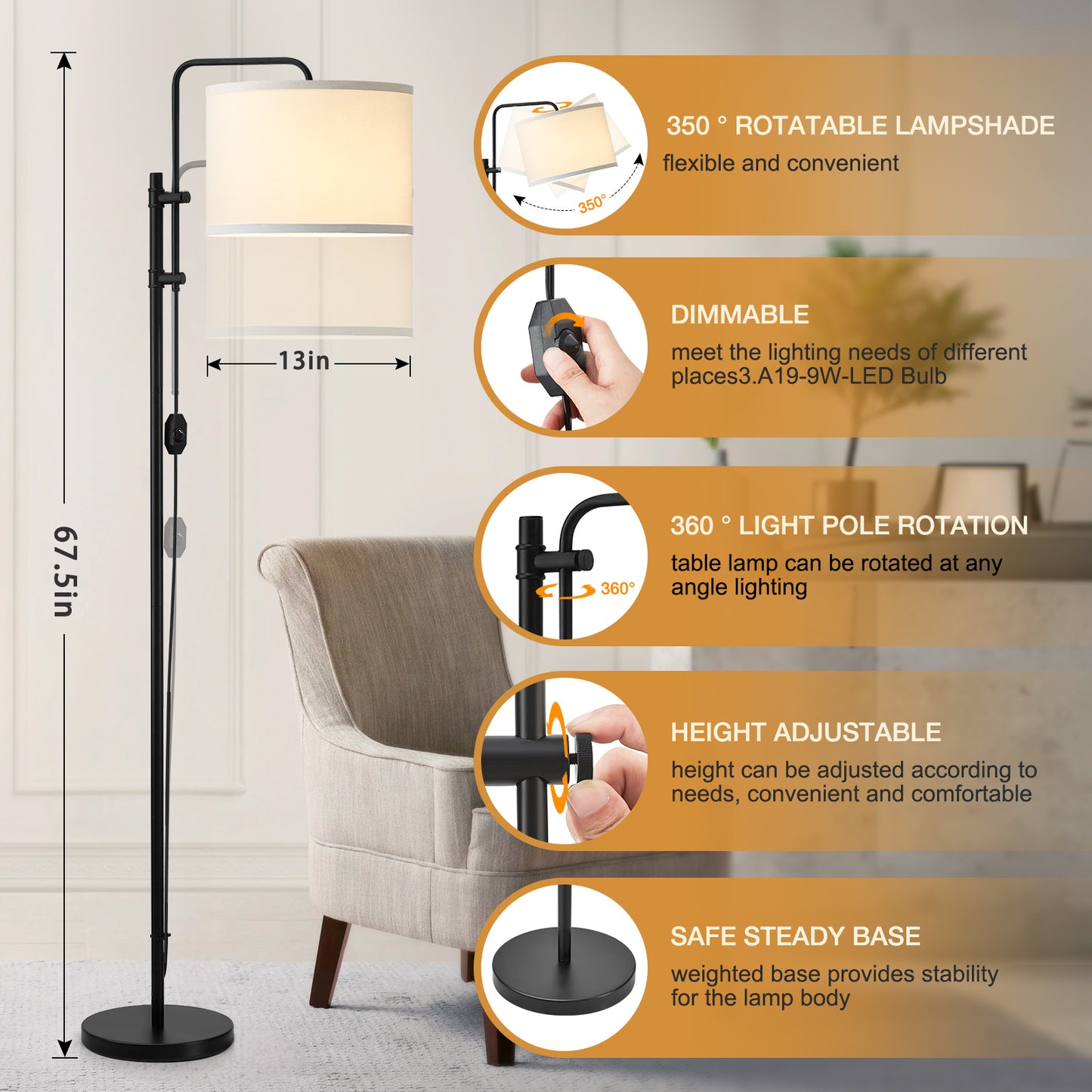 NATYSWAN Floor Lamp for Living Room, Adjustable Height Standing Lamps with 350° Rotate White Lampshade, 67.5-Inch Modern Tall Lamp Dimmable Floor Lamps for Corner Bedroom Home Office (Bulb Included)